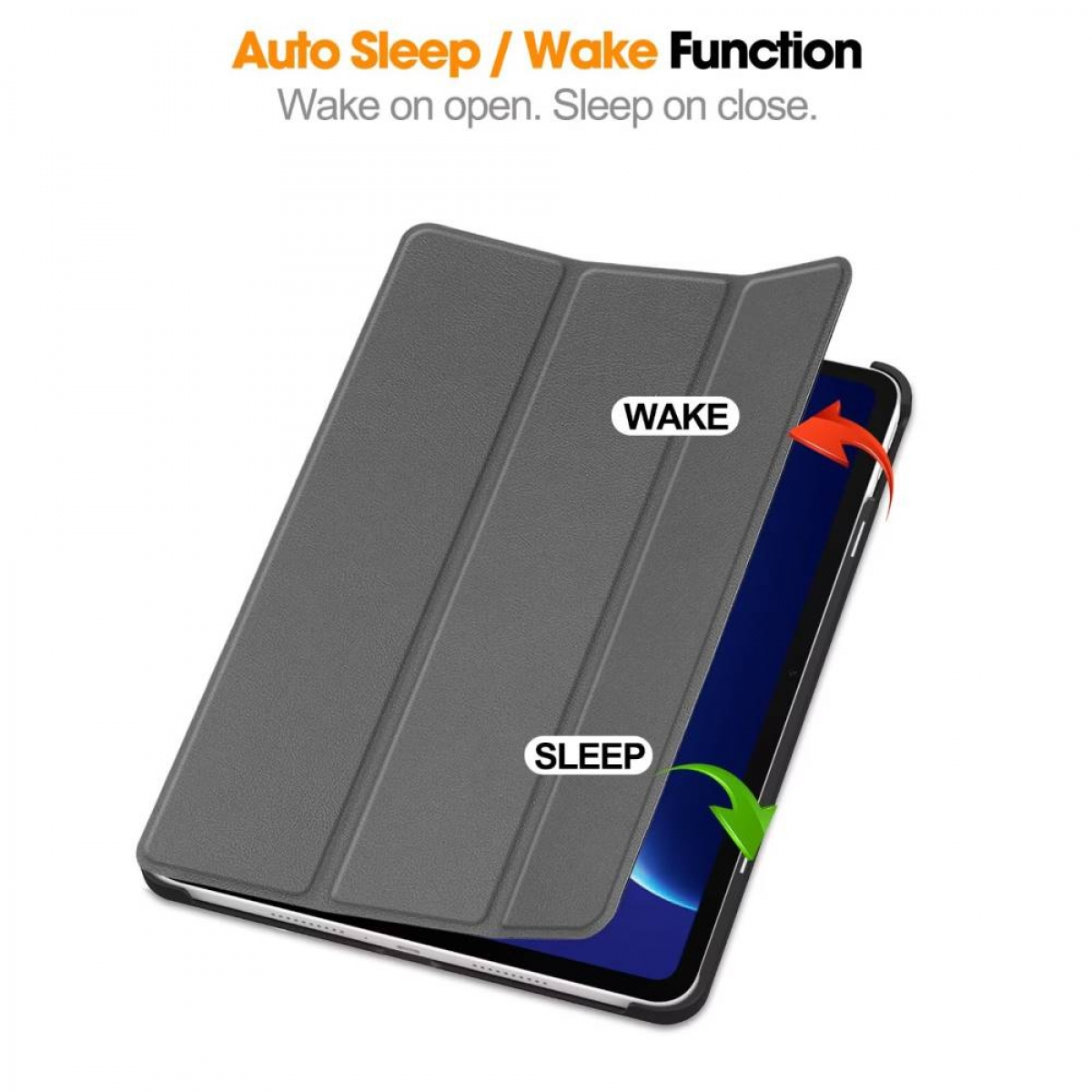 Graues Tablet Cover zeigt "WAKE" und "SLEEP" Funktion.