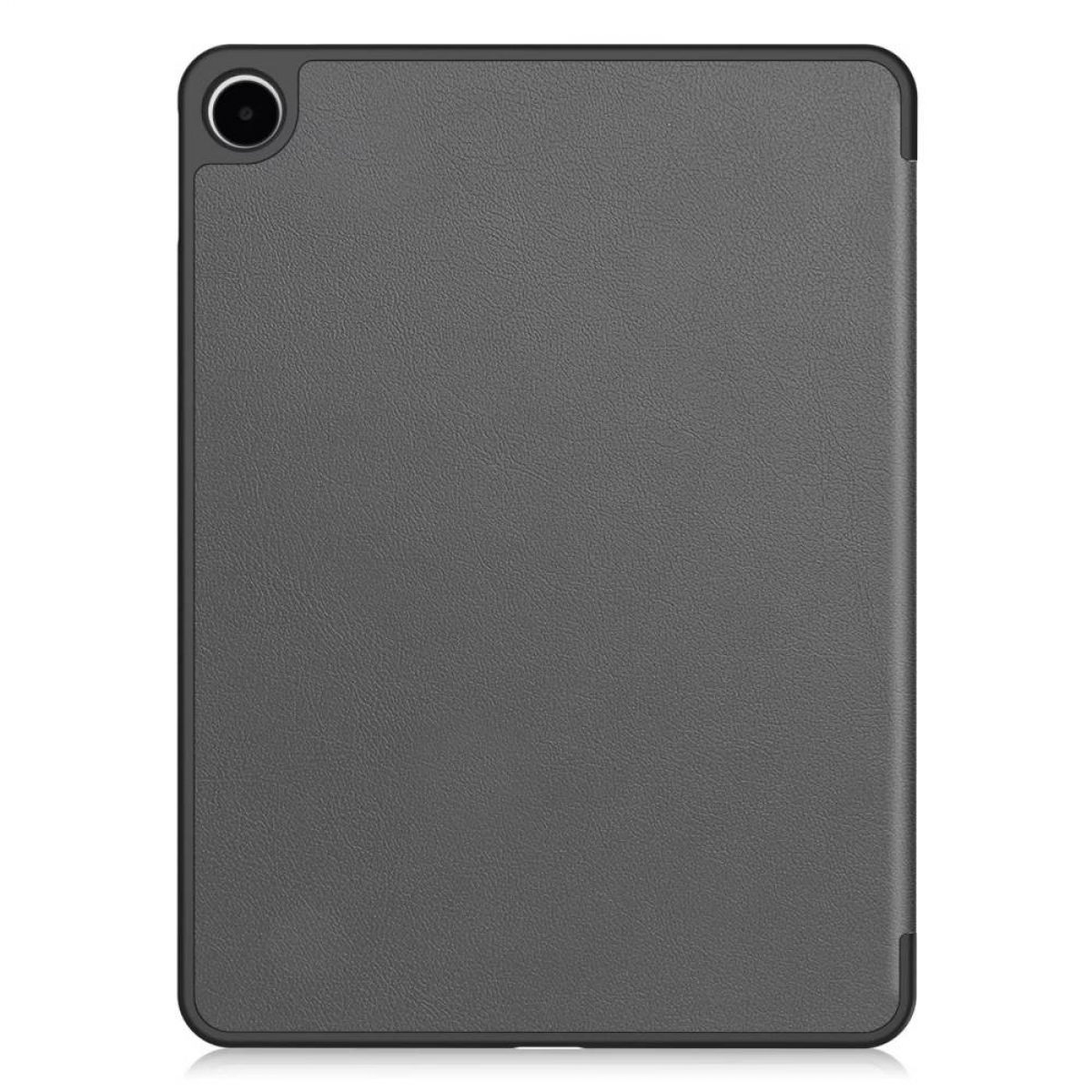 Ein graues Tablet mit einer strukturierten Hülle und einer Kameralinse oben links.