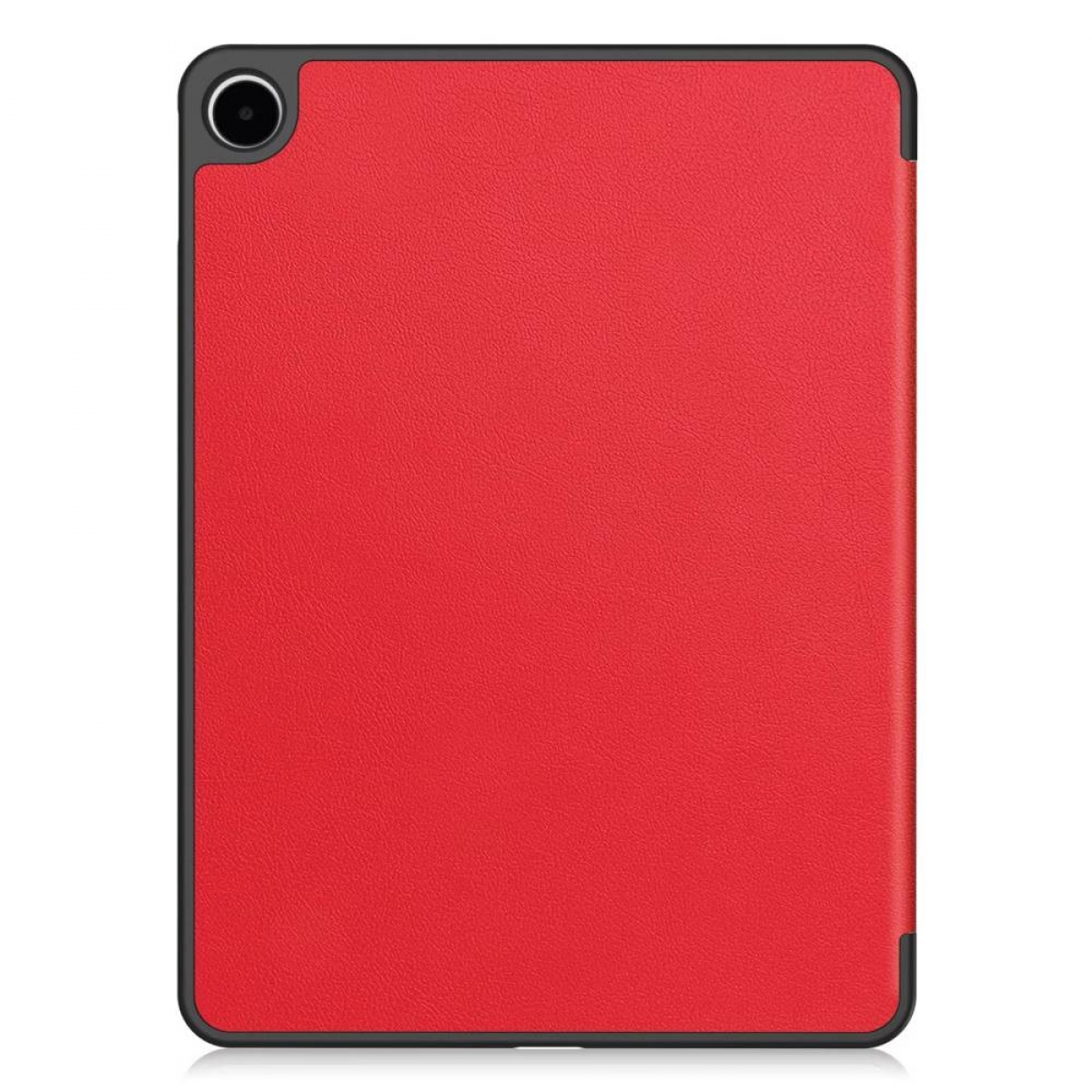 Rotes Tablet Cover mit schwarzem Rahmen und Kamerainsel oben links.
