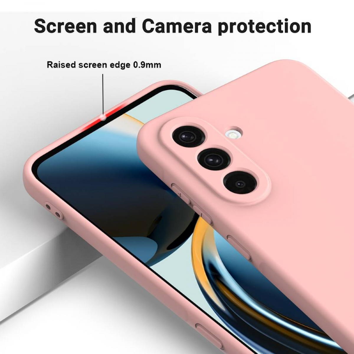Ein rosafarbenes Handycover mit erhöhter Kante schützt den Bildschirm.
