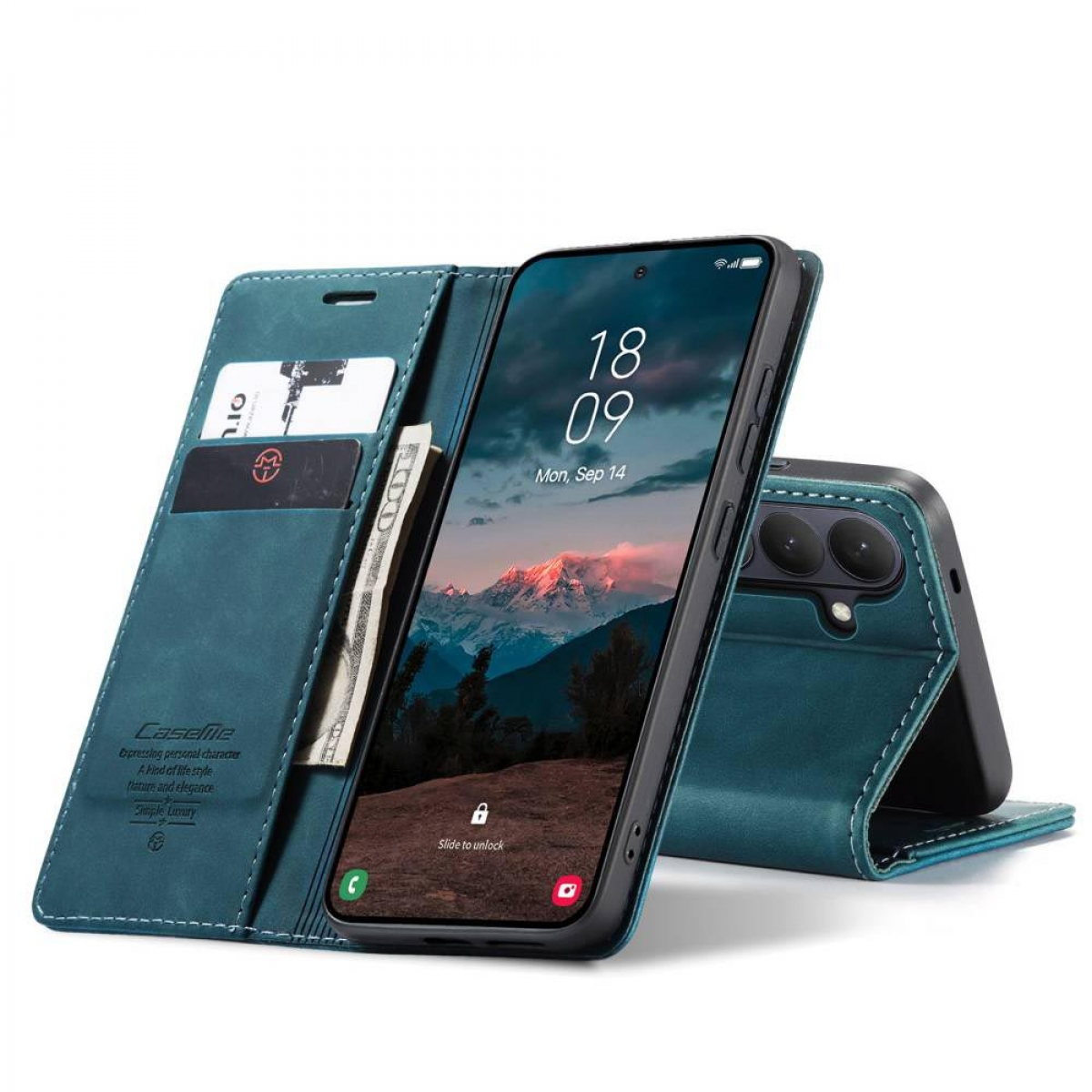 Ein blauer Leder-Handy-Ständer mit Kartenfächern und einem Handy mit Bergblick-Hintergrund.