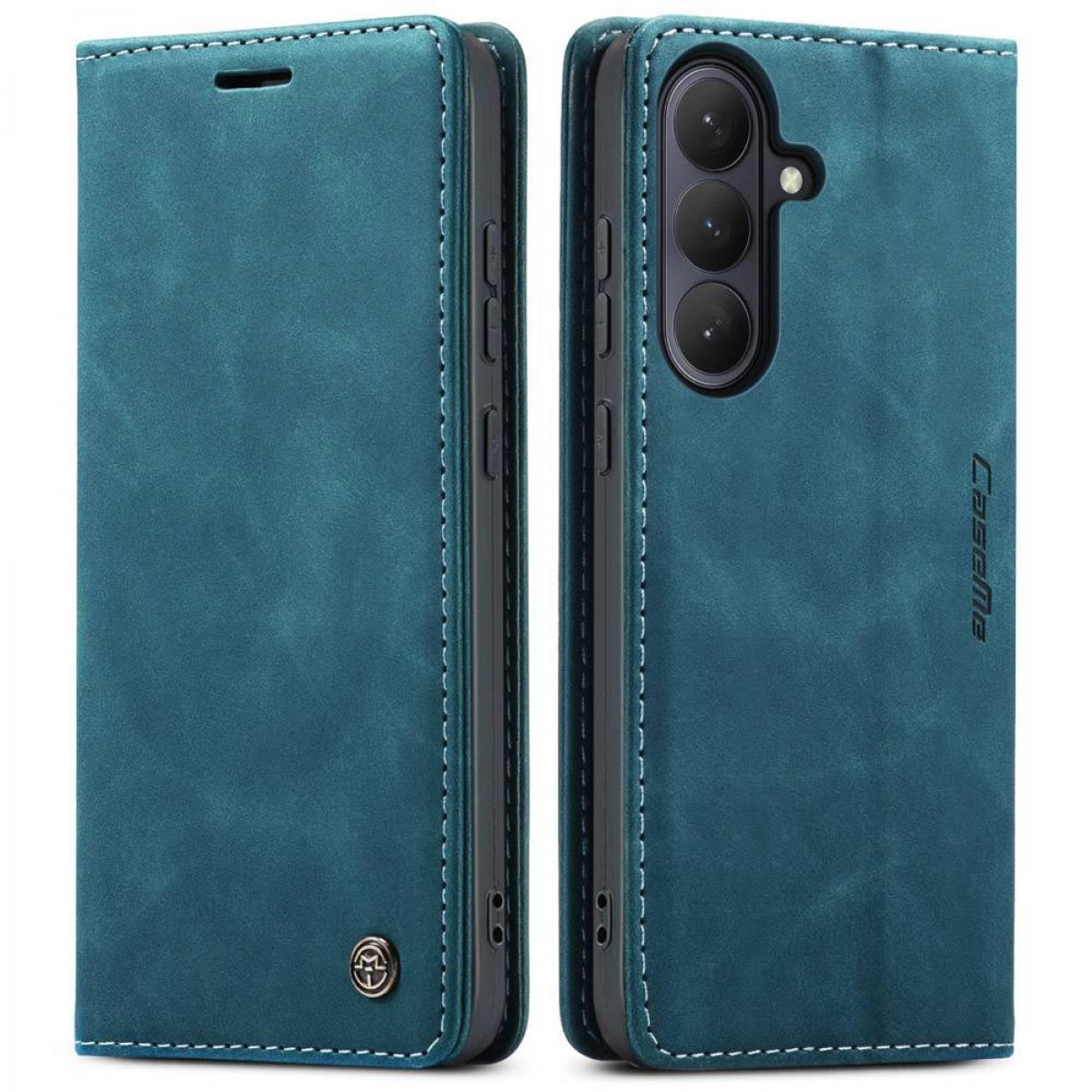 Ein blauer Leder-Flip-Case mit Kreditkartenfächern und Kameraschlitz.