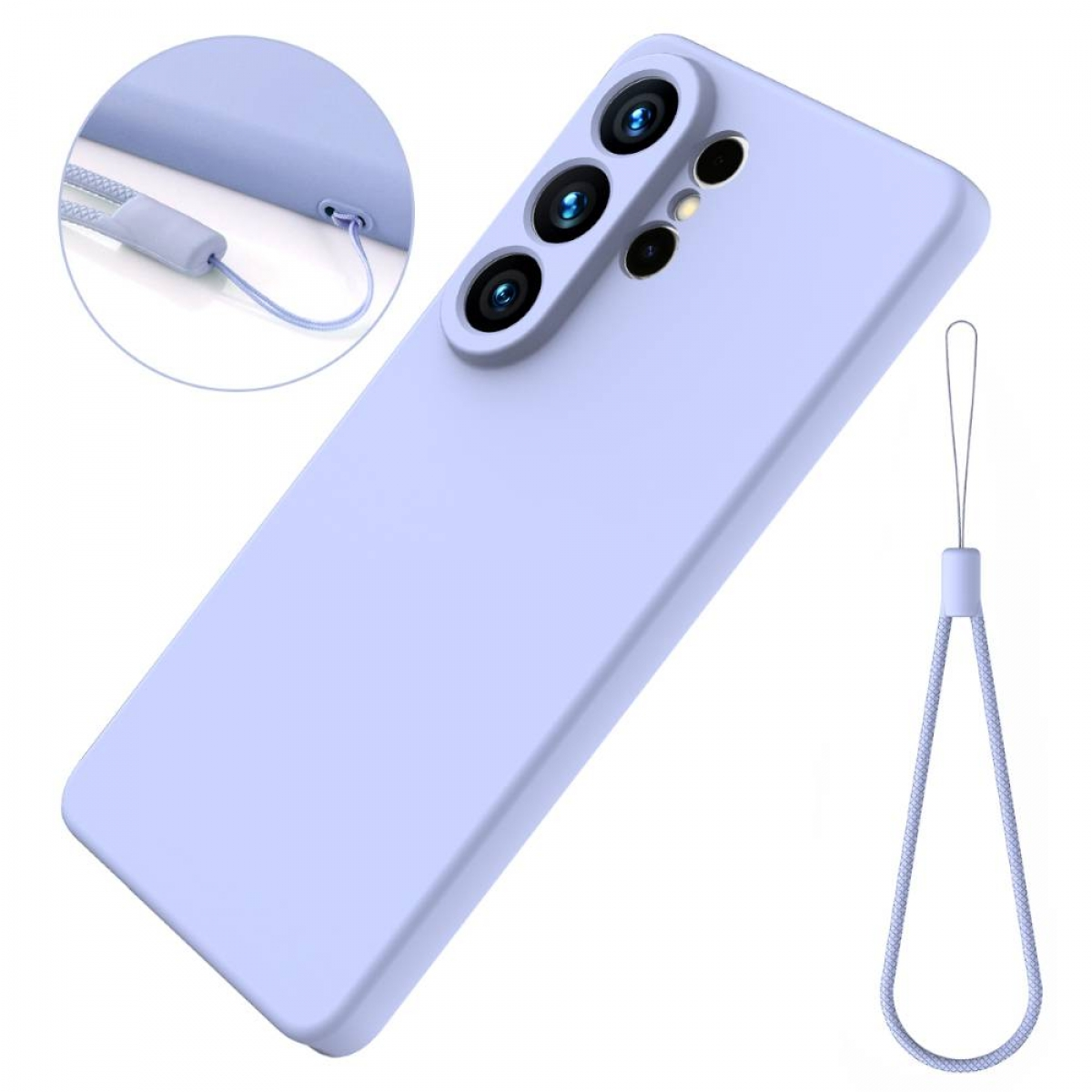 Ein helllavendelfarbenes Handycover mit einer Handschlaufe und einem Kameramodul.