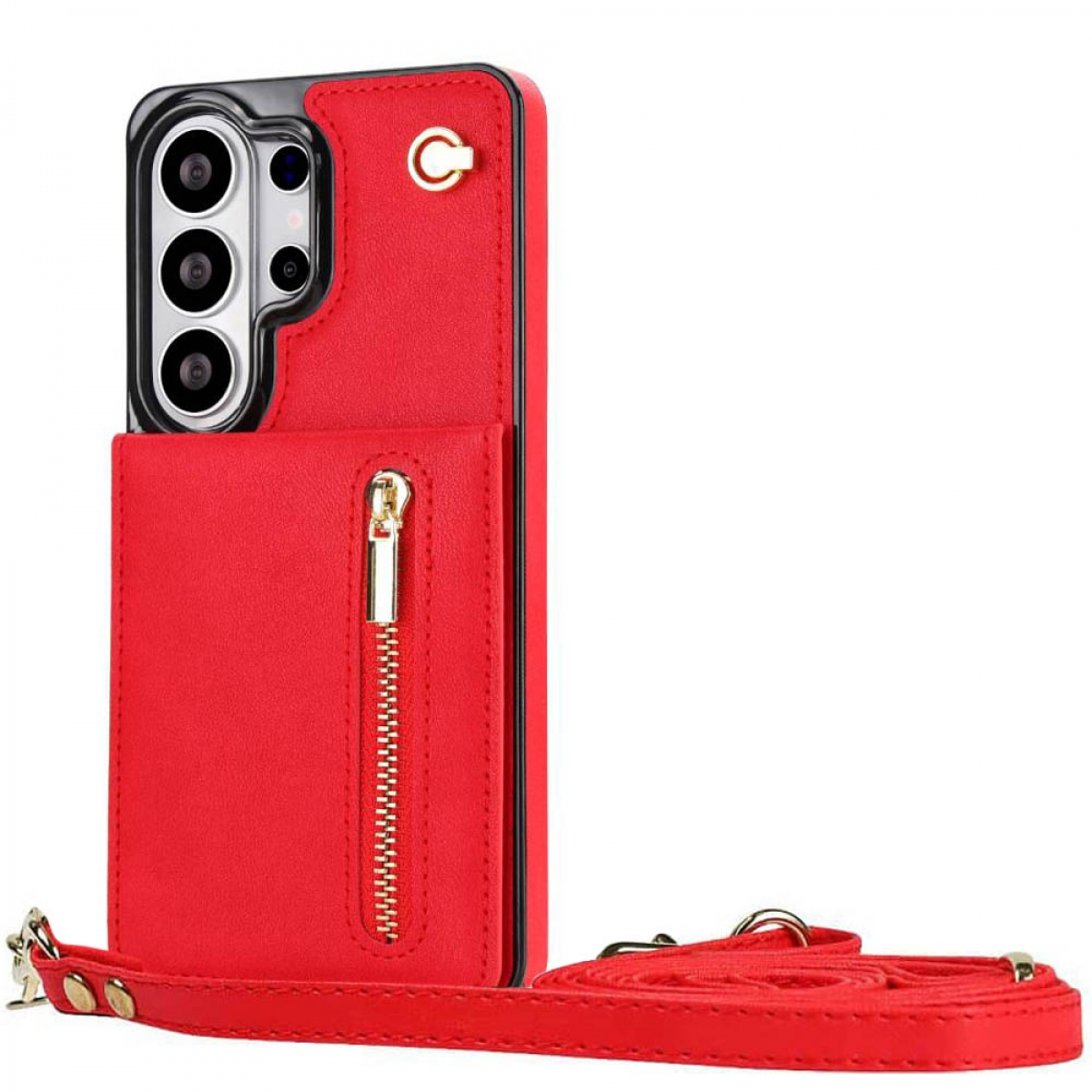 Rote Handyhülle mit Brieftaschenfunktion und Reißverschlussfach.