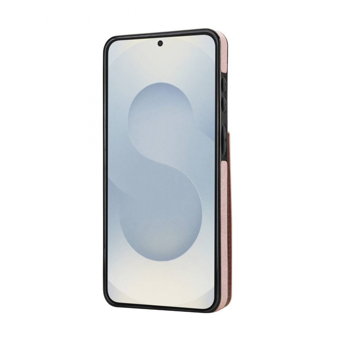 Ein rosafarbenes Handy mit schwarzem Rahmen und einem stilisierten S auf dem Bildschirm.