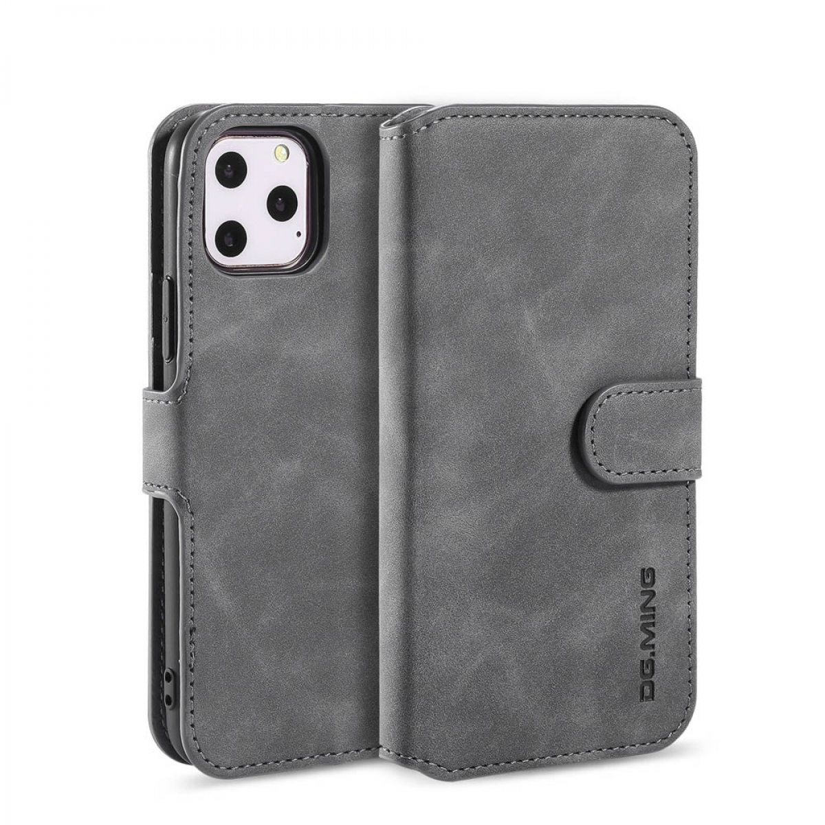 Graues iPhone-Case mit drei Kameras und einer Klappe.
