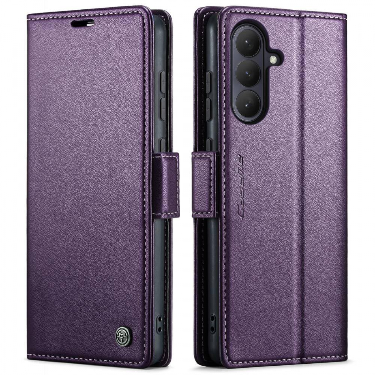 Lila Lederhülle für ein Smartphone, offen mit Blick auf die Kamera und das Display.