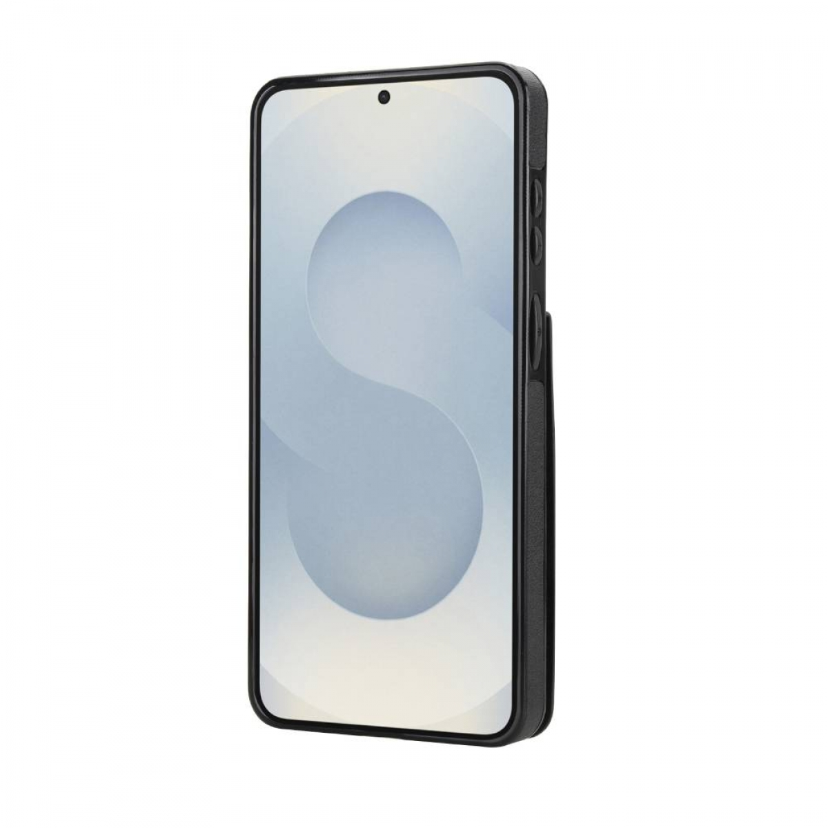 Ein schwarzes Smartphone in einer Hülle, mit einem stilisierten S auf dem Bildschirm.