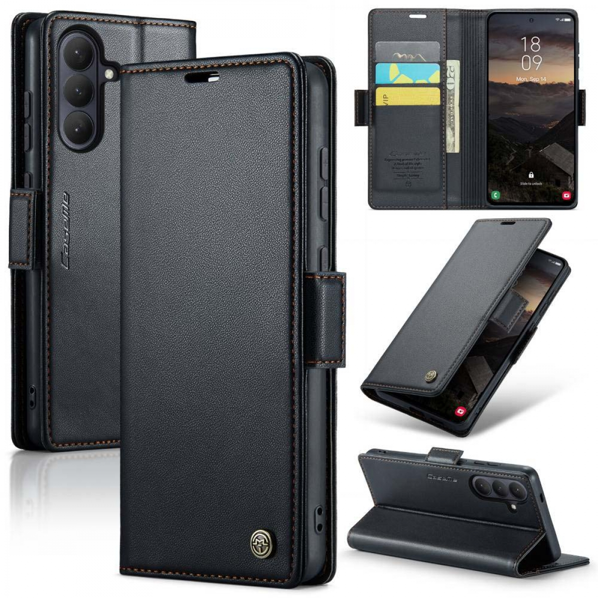 Schwarze Leder-Handyhülle mit Kartenfächern, offen und geschlossen gezeigt, zeigt Handy.