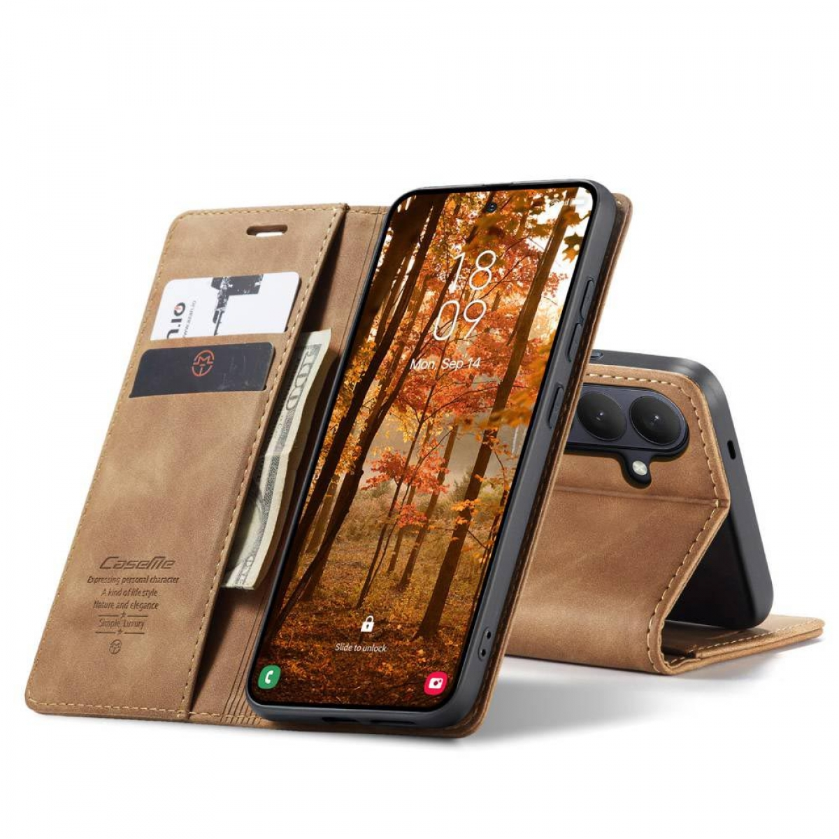 Ein braunes Handy-Flipcase mit Kartenfächern und einer Nahaufnahme des Bildschirms.