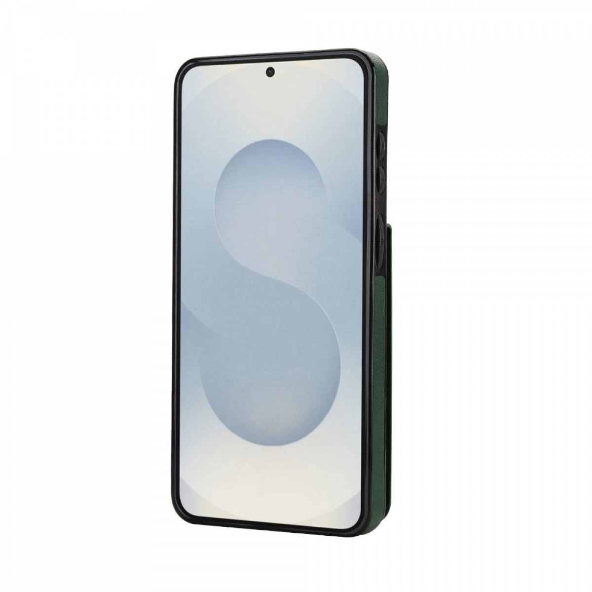 Dunkelgrünes Handy mit schwarzem Rahmen und Muster auf dem Bildschirm.