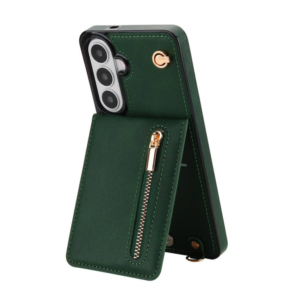 Dunkelgrüne Handyhülle mit Reißverschlusstasche und Kamerablock.