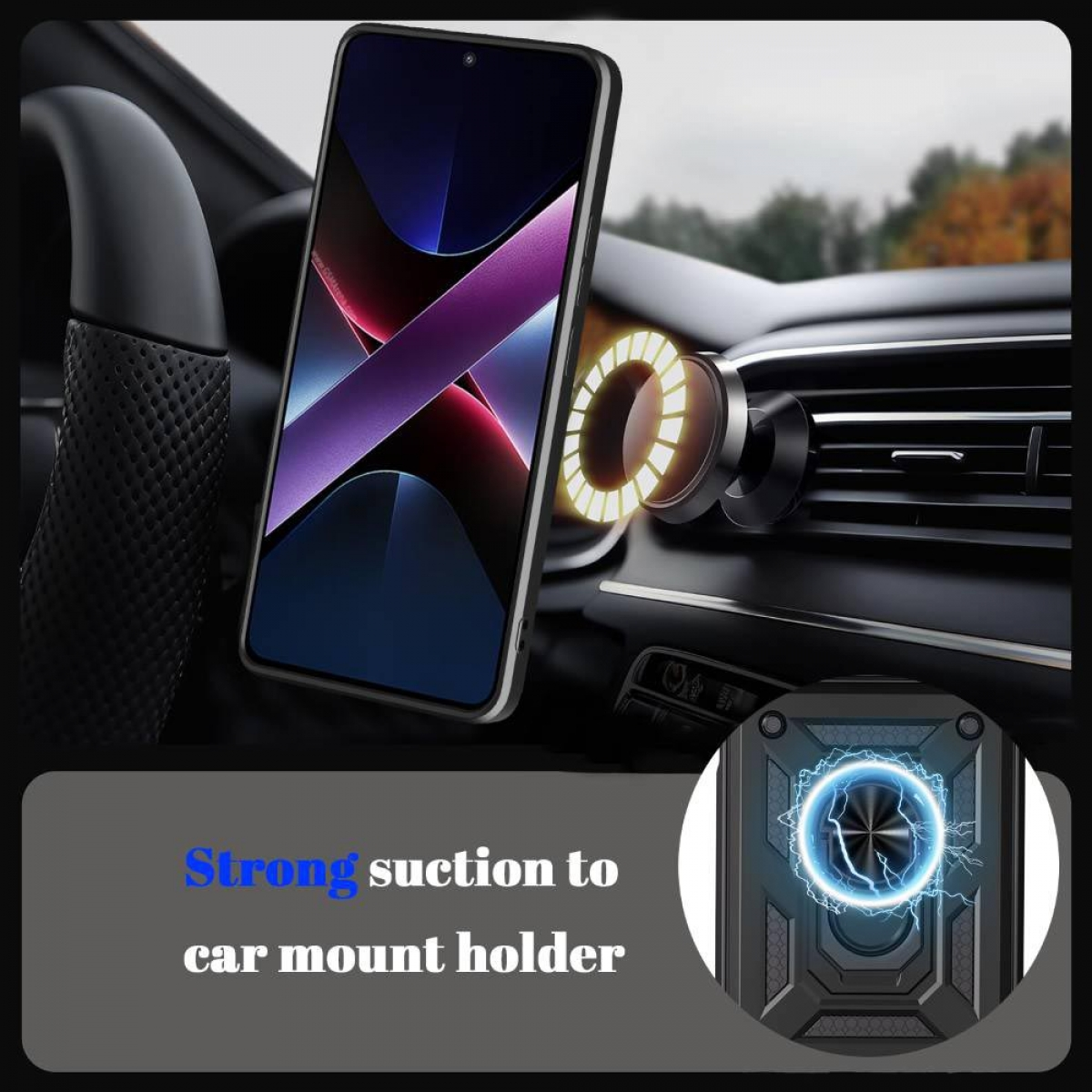 Smartphone auf einem magnetischen Autohalter, mit beleuchtetem Ring.