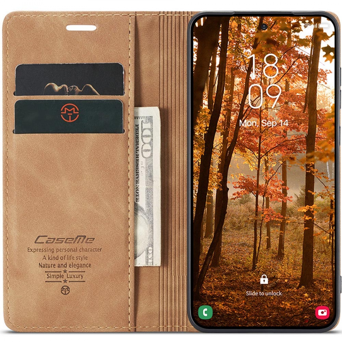 Braune Handyhülle mit Kartenfächern und Geldschein. Das Smartphone zeigt Herbstwald.