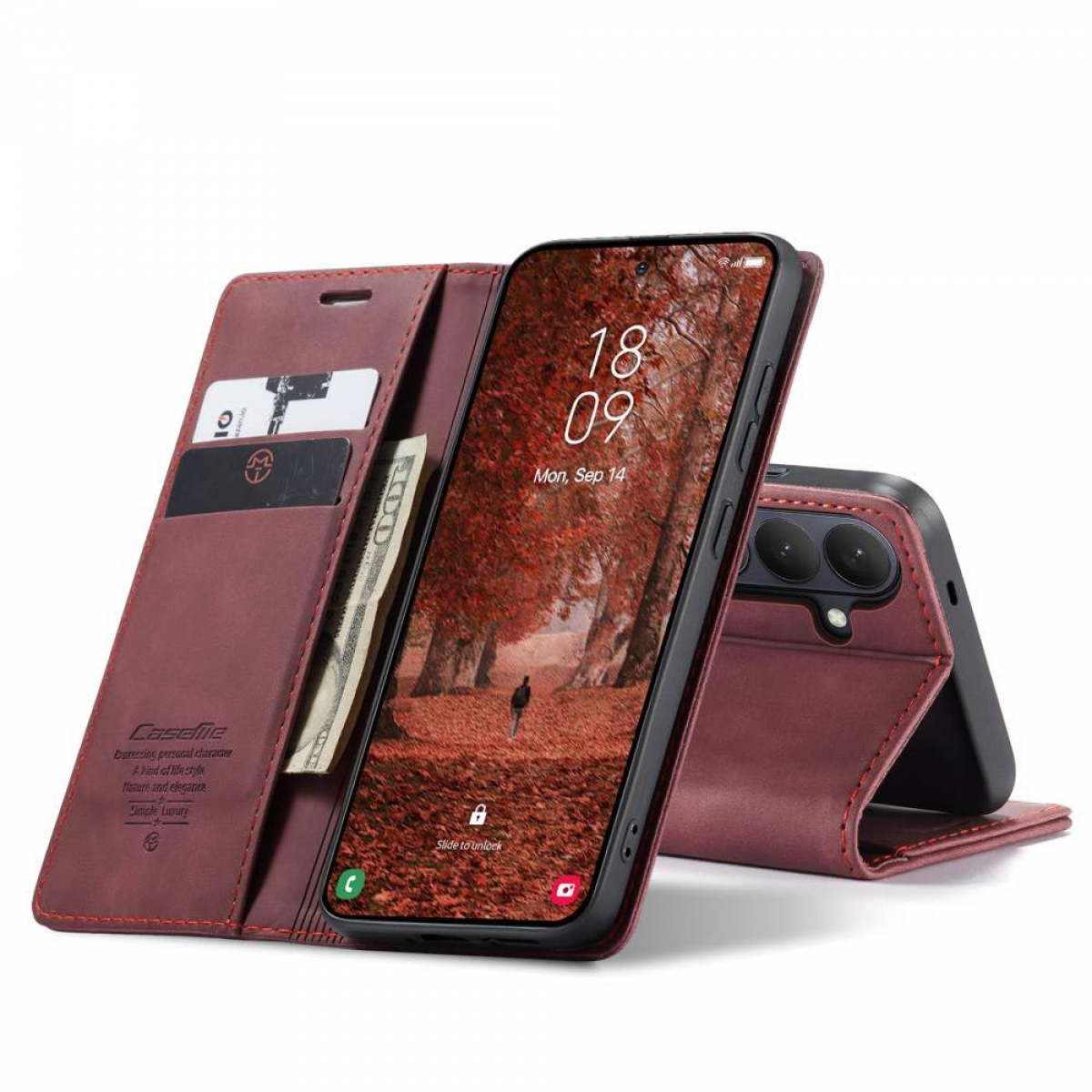 Weinrote Handyhülle mit Kartenfächern und Geldschein. Smartphone mit Herbst-Sperrbildschirm.