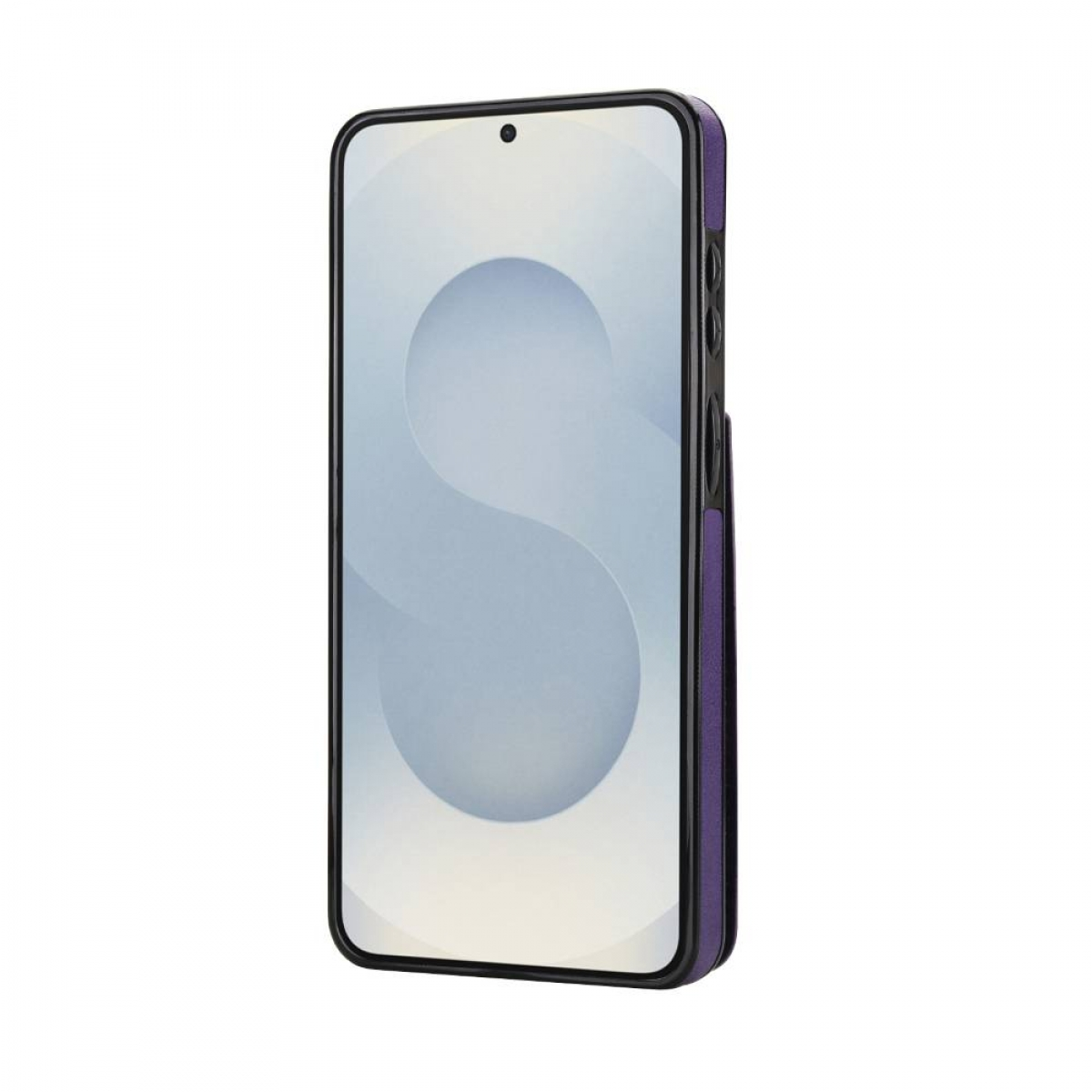 Ein violettes Smartphone mit schwarzem Rand und einem stilisierten S auf dem Bildschirm.