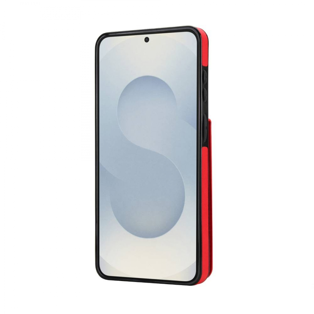 Ein rotes Smartphone mit schwarzem Rahmen und einem stilisierten S auf dem Bildschirm.