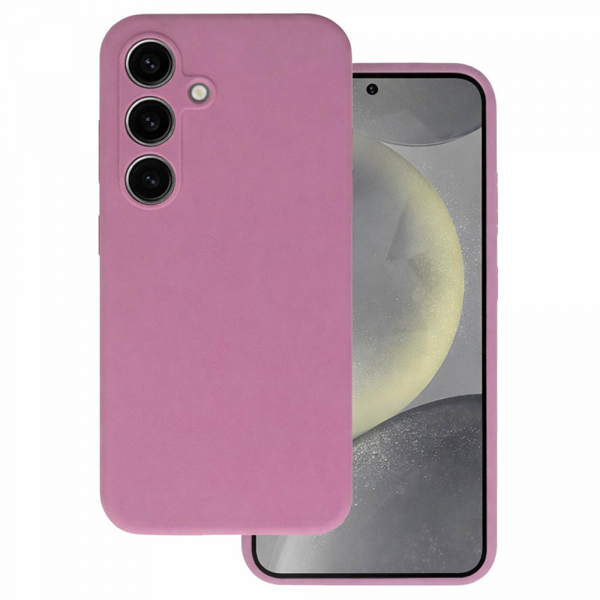 Ein rosafarbener Handyhülle liegt neben einem Smartphone. Die Hülle bedeckt die Rückseite.