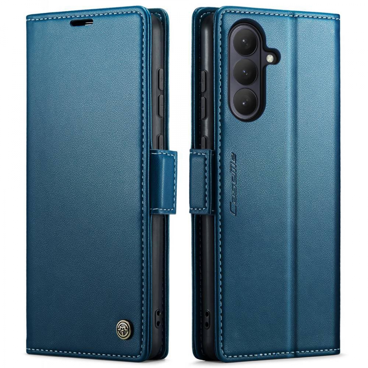Blaues Handy-Flipcase mit Nähten, Kameraöffnung und Logo.