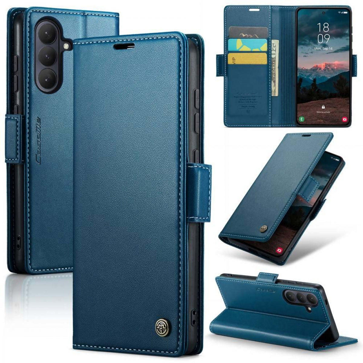 Blauer Leder-Telefonkasten mit mehreren Ansichten, der die Kamera und den Bildschirm zeigt.