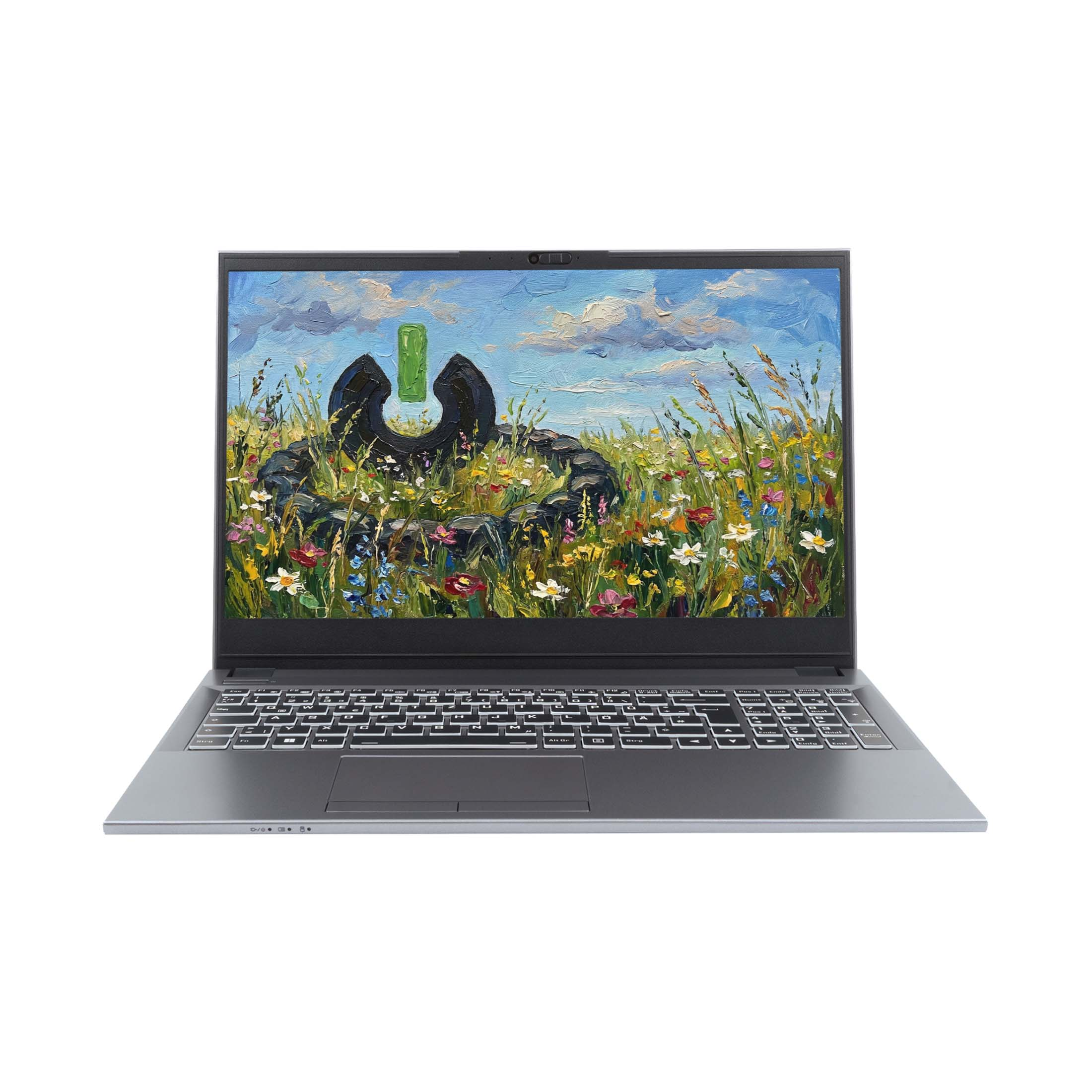 Ein Laptop mit einem lebendigen Ölgemälde einer Blumenwiese auf dem Bildschirm.