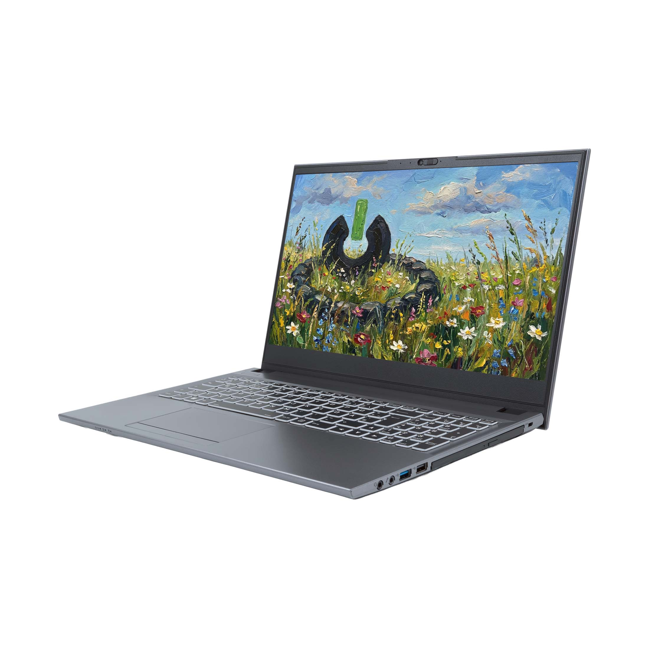 Ein geöffneter Laptop mit einem farbenfrohen Ölgemälde auf dem Bildschirm.