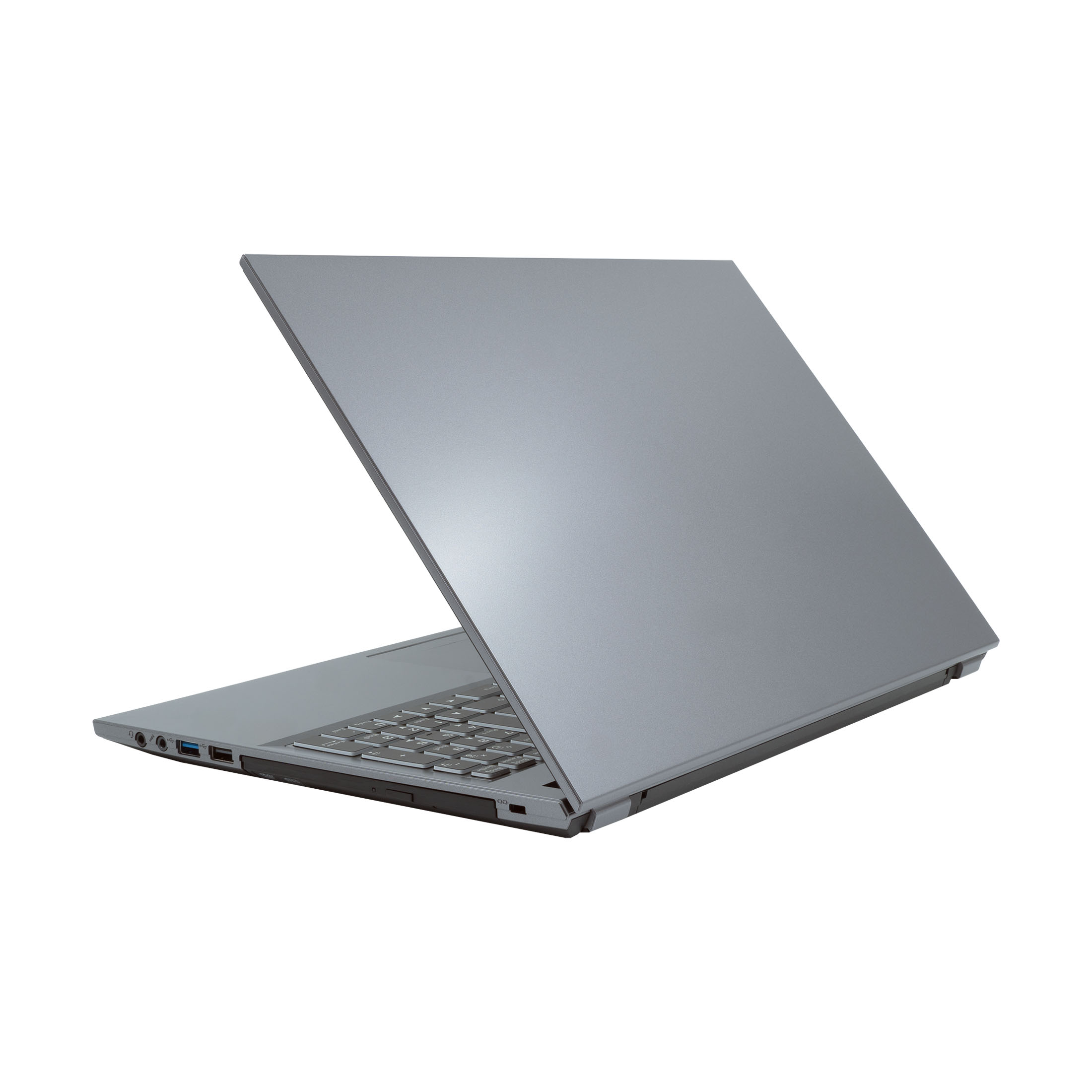 Ein geöffneter silberner Laptop mit Tastatur und Anschlüssen.