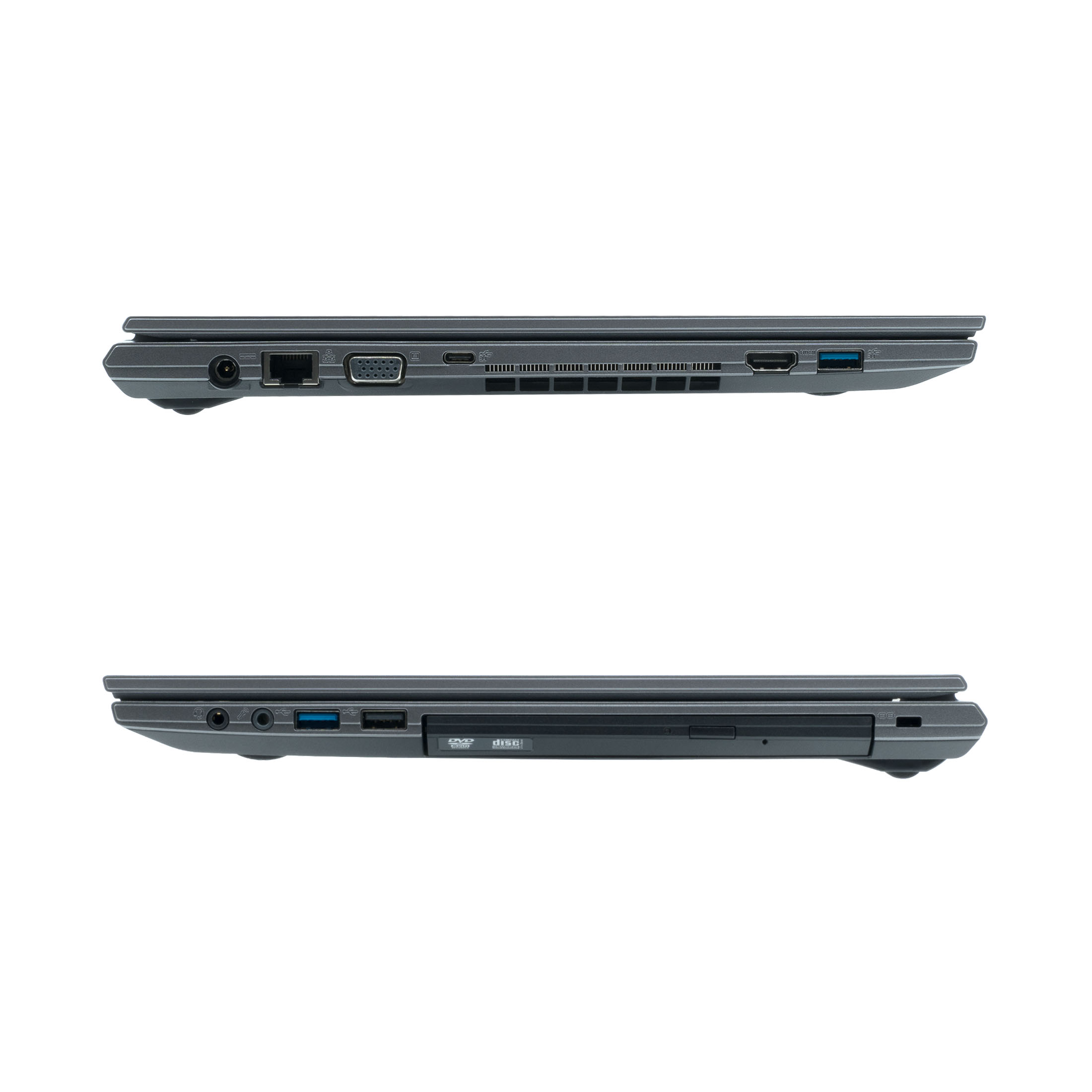 Seitenansicht eines grauen Laptops mit Anschlüssen und DVD-Laufwerk.