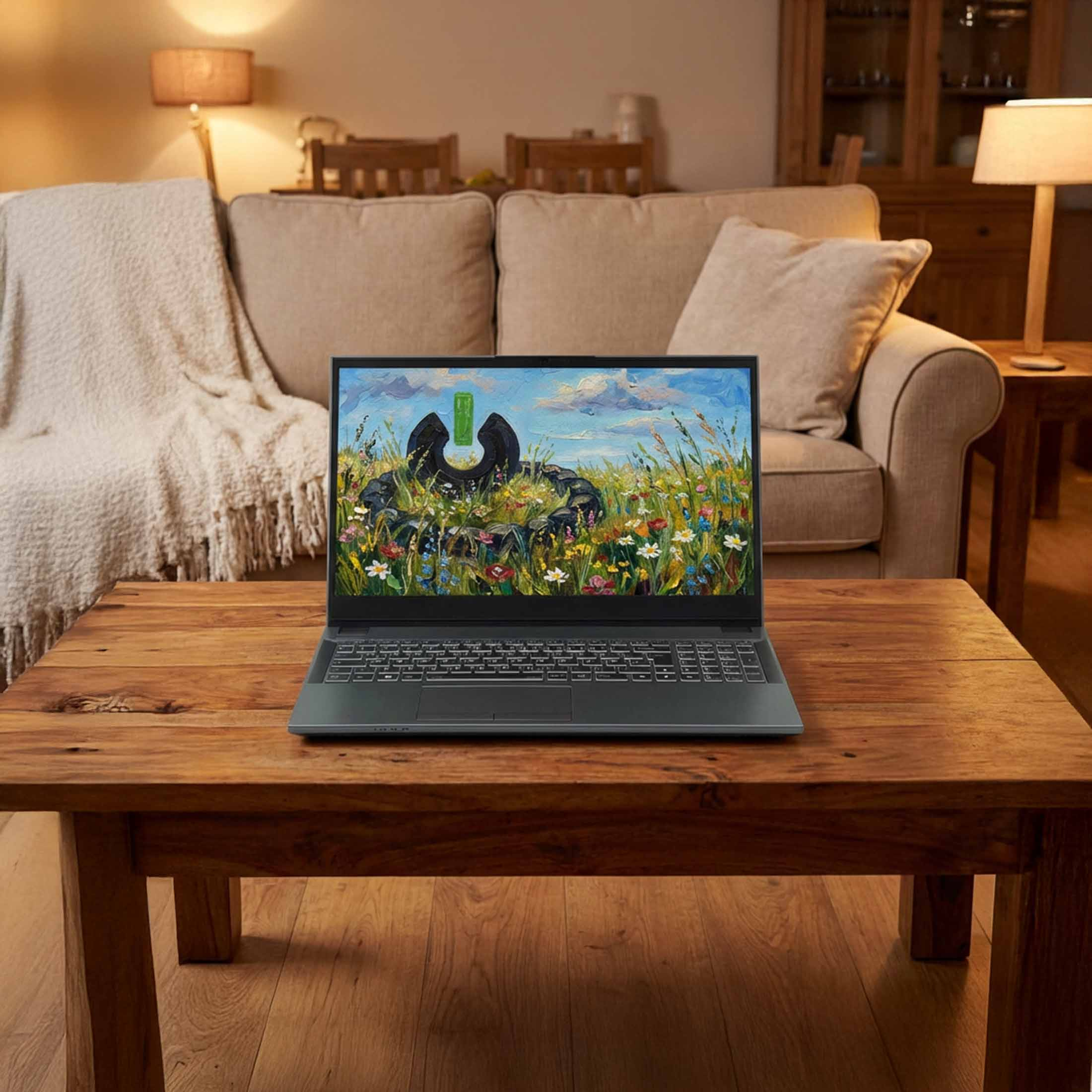 Ein Laptop steht auf einem Holztisch. Auf dem Bildschirm ist eine Wiese mit Blumen und einem grünen Symbol.