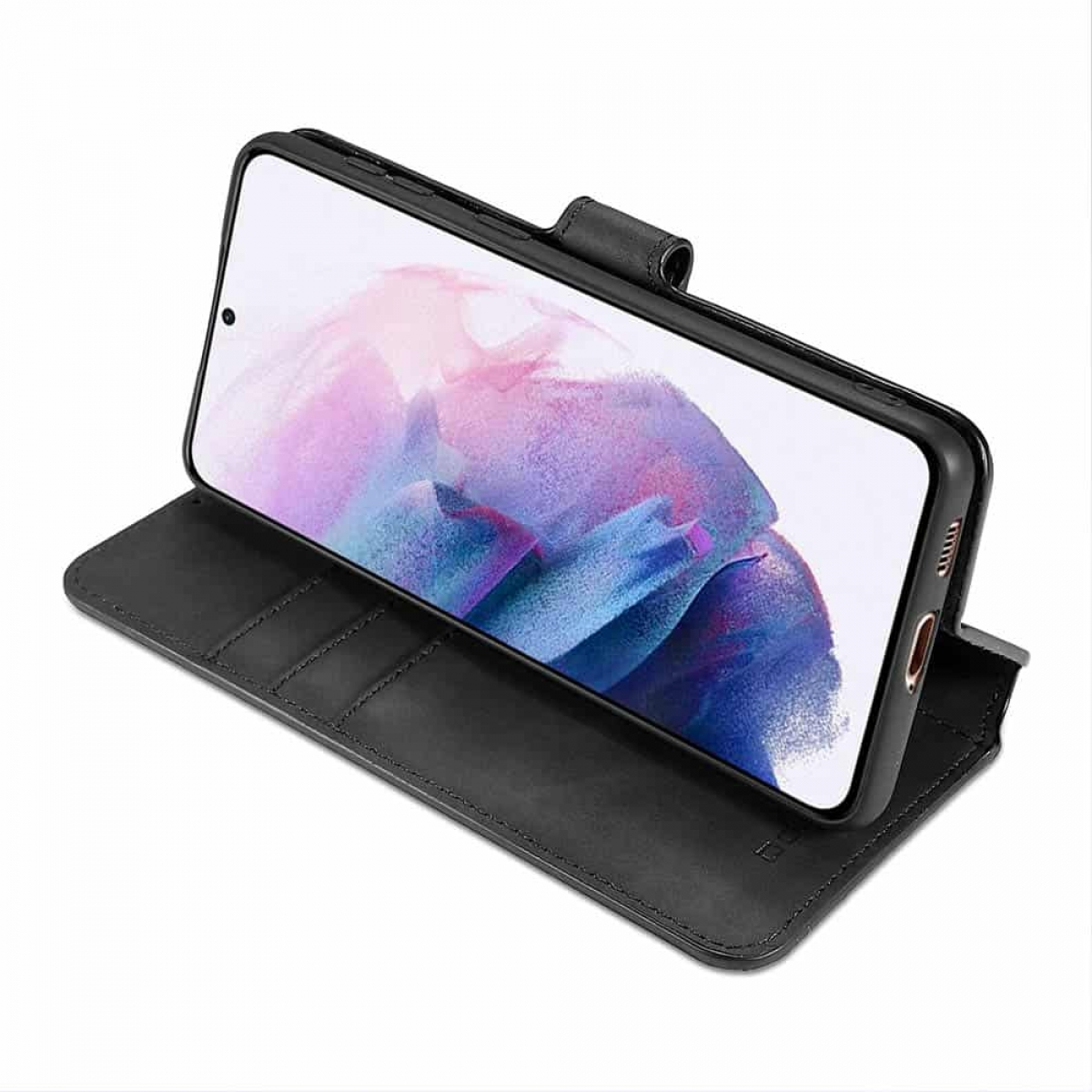 Schwarzes Lederetui mit einem Smartphone, das einen bunten Hintergrund anzeigt.