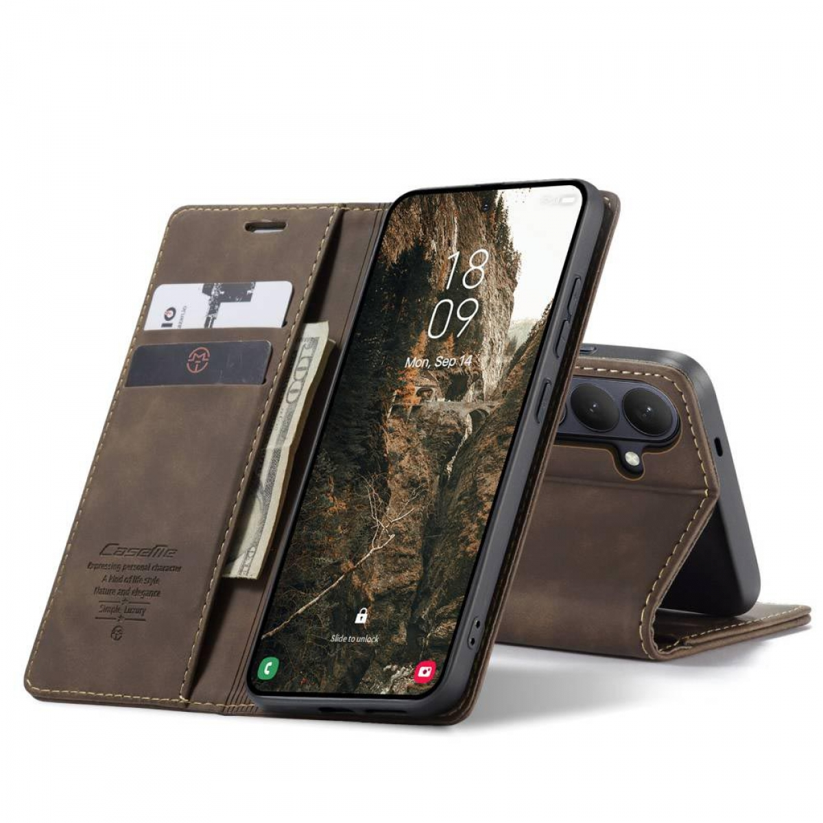 Braune Handyhülle mit Kartenfächern und einem Handy mit gesperrtem Bildschirm.