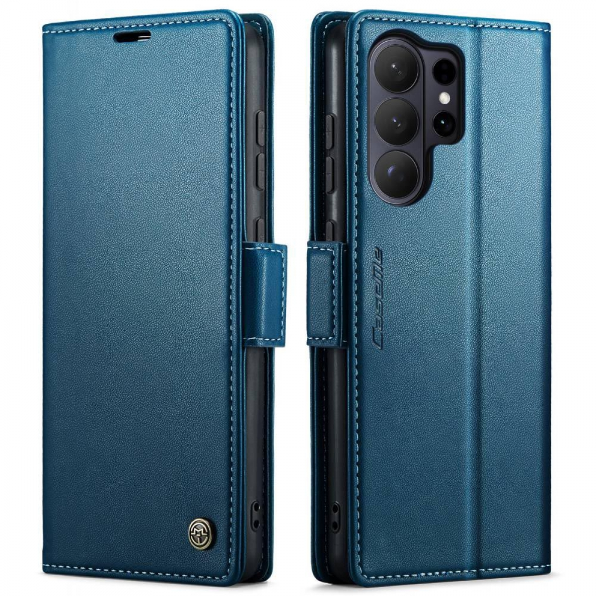 Blaue Leder-Handyhülle mit drei Kameras auf der Rückseite und Klappverschluss.
