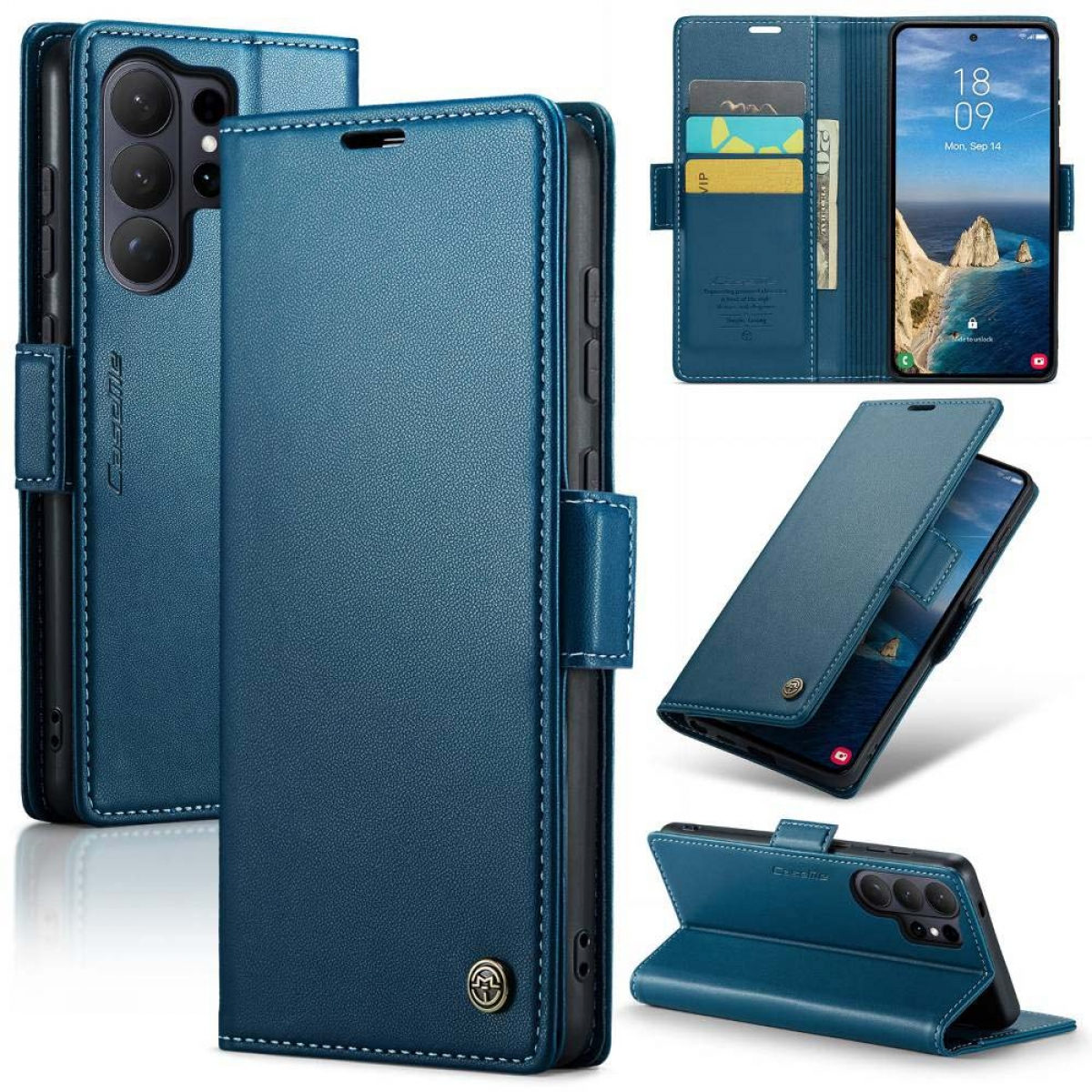 Blaues Leder-Flip-Handyhülle mit Kartenfächern und Ständerfunktion.