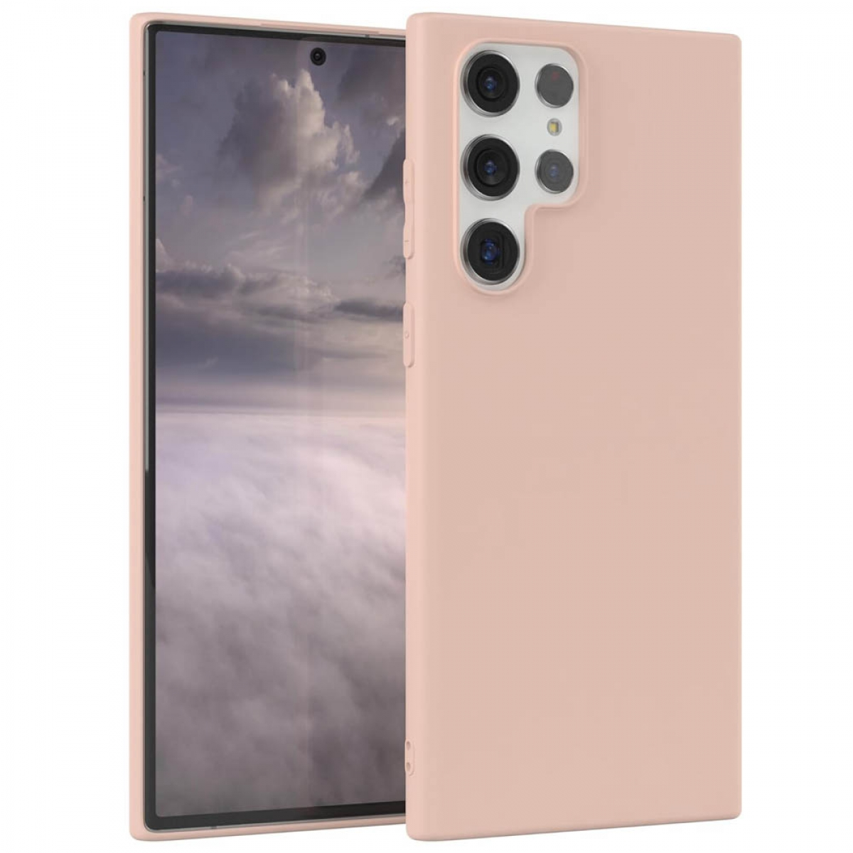 Ein rosafarbener Handyhülle liegt neben einem Smartphone mit Wolkenhimmel.