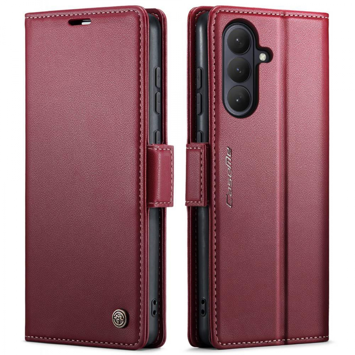 Rote Lederhülle für ein Smartphone, vorne und hinten gezeigt.