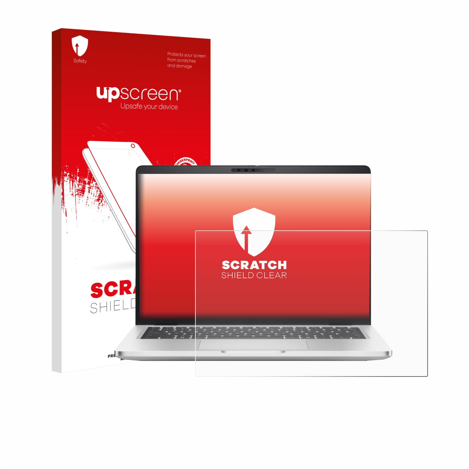 Verpackung und Displayschutzfolie für Laptops. Rot mit weißem Logo.