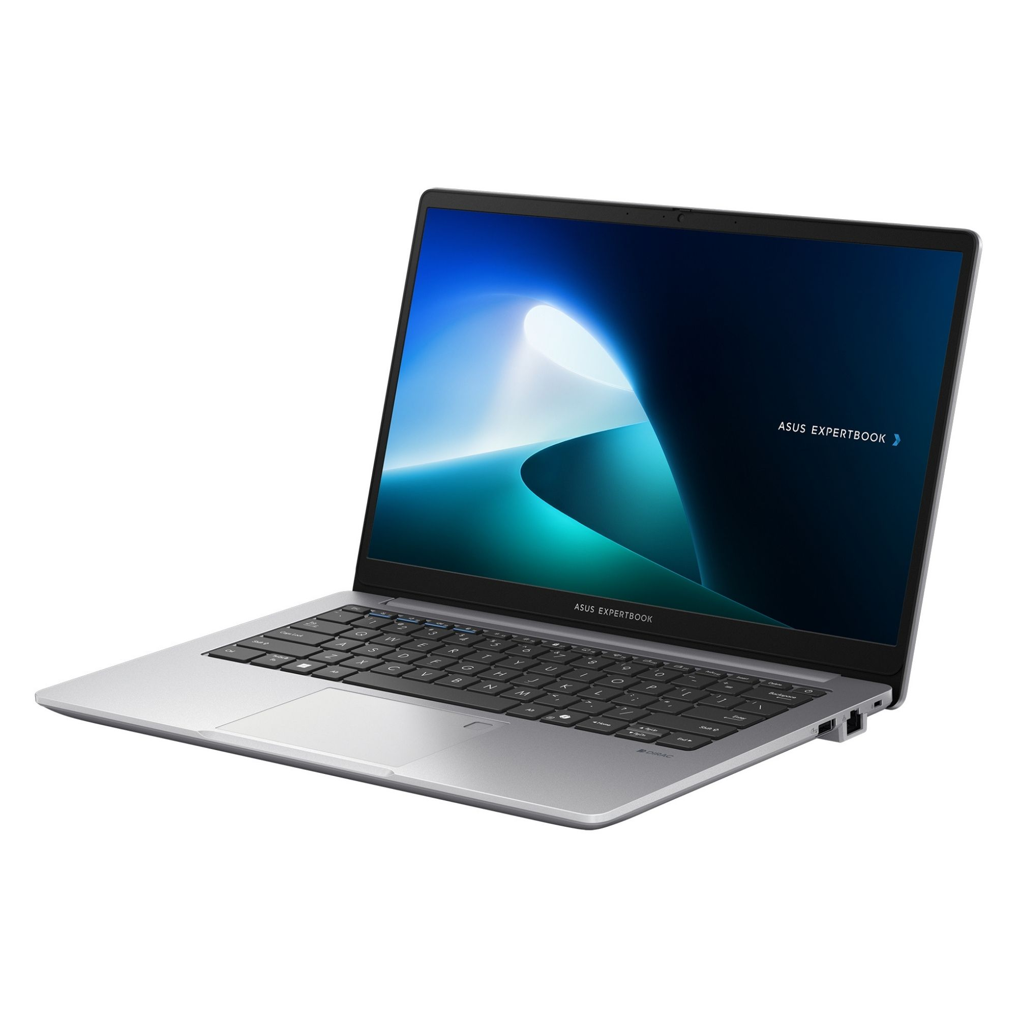 Gümüş renkli Asus ExpertBook dizüstü bilgisayar, aydınlatılmış ekran ve klavye.