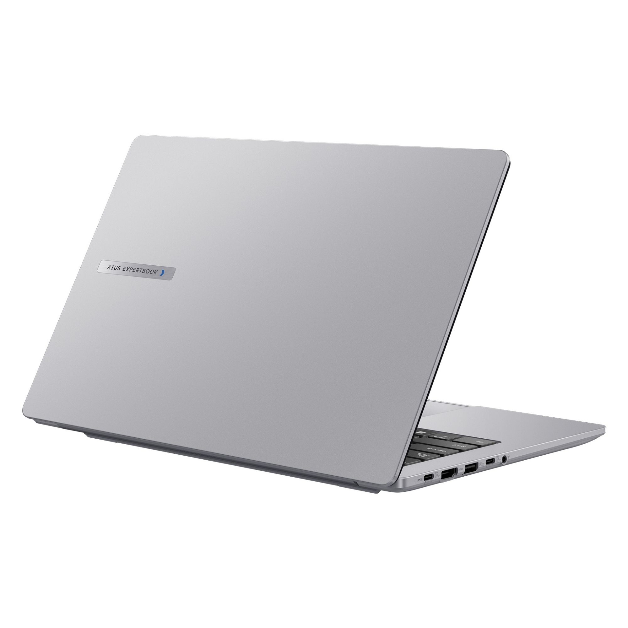 Gümüş renkli Asus Expertbook dizüstü bilgisayar, kısmen açık, klavye ve bağlantı noktaları görünüyor.