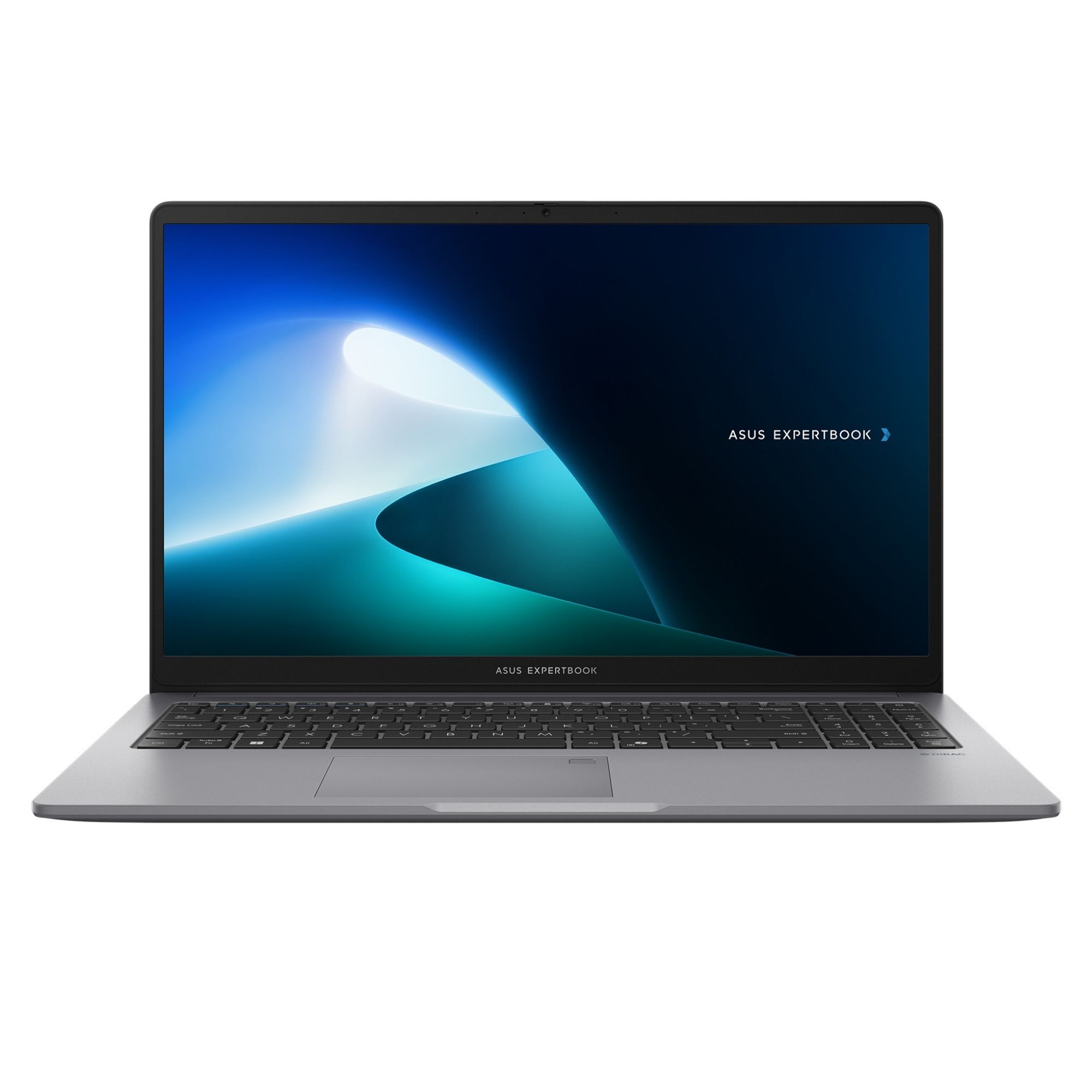 Ekranında soyut mavi ve yeşil arka plana sahip gri Asus Expertbook dizüstü bilgisayar.