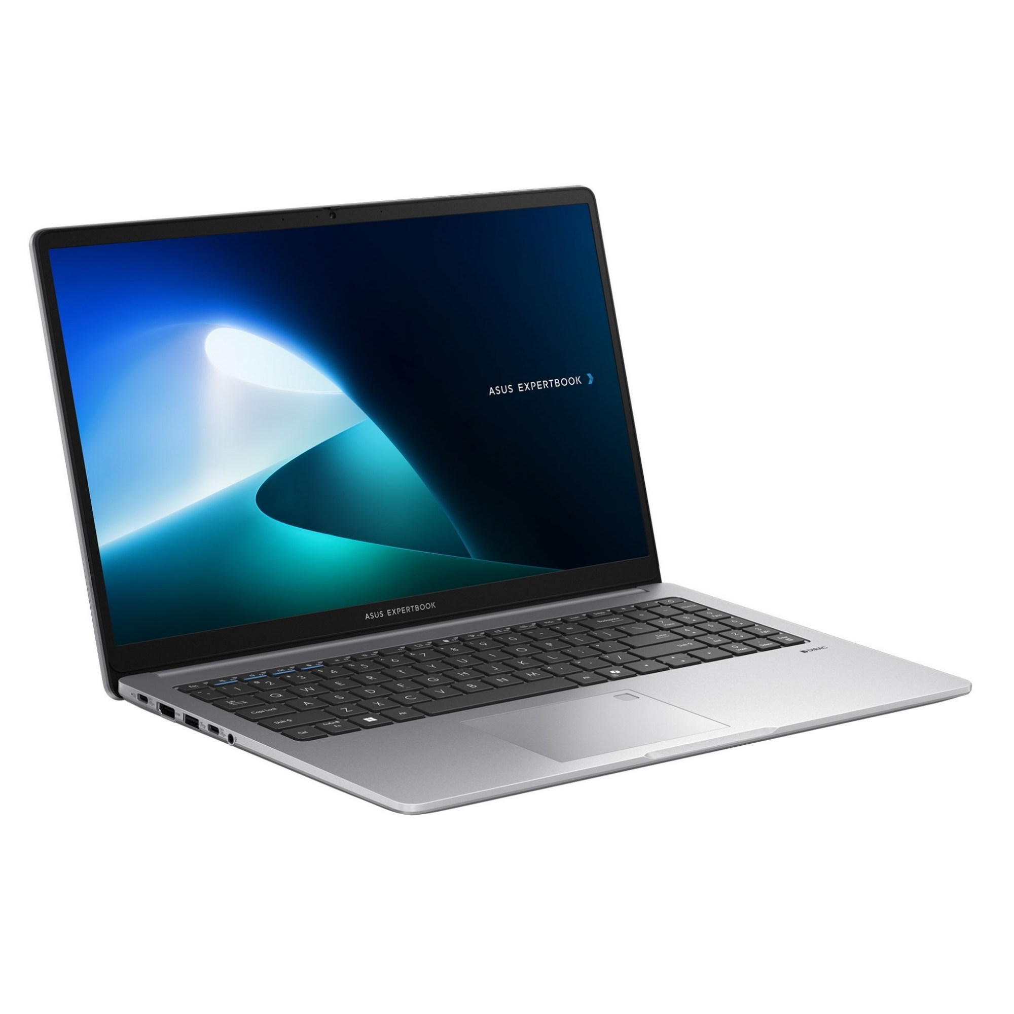 Arkadan aydınlatmalı klavyeli gümüş Asus Expertbook dizüstü bilgisayar, mavi-yeşil duvar kağıdı.