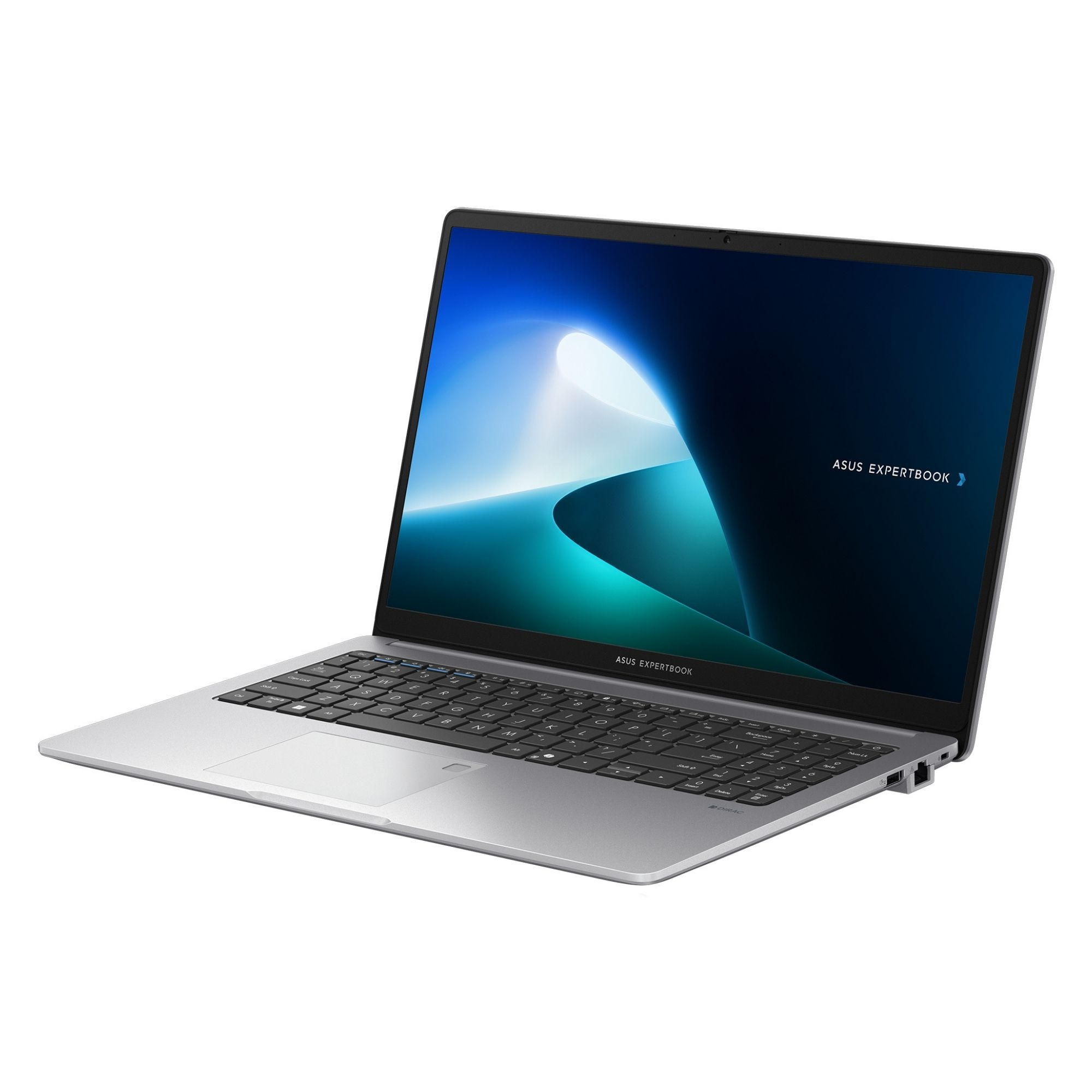 Gümüş renkli Asus Expertbook dizüstü bilgisayar beyaz arka planda açıktır.