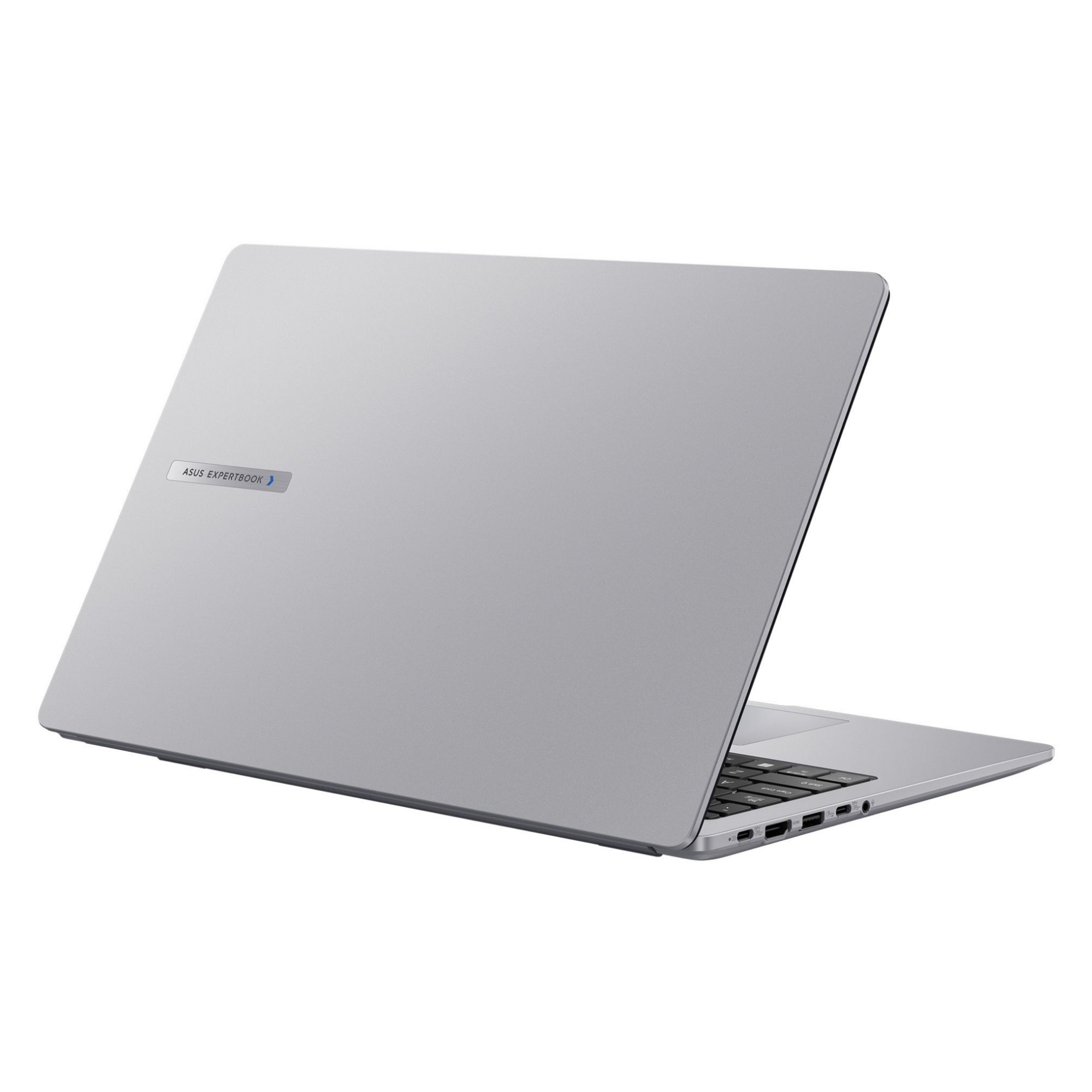 Kapaktaki Asus Expertbook logosuyla kapalı gümüş rengi bir dizüstü bilgisayar.