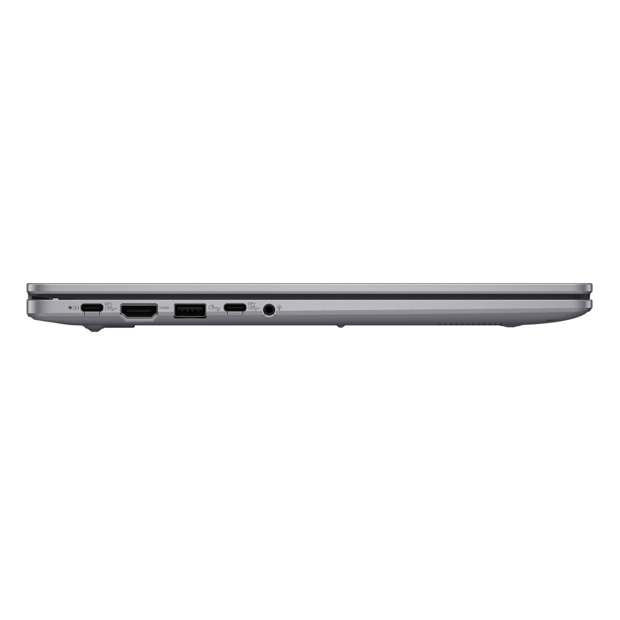 Gümüş rengi dizüstü bilgisayarın yan görünümü, USB-C, HDMI, USB-A ve ses bağlantı noktaları.