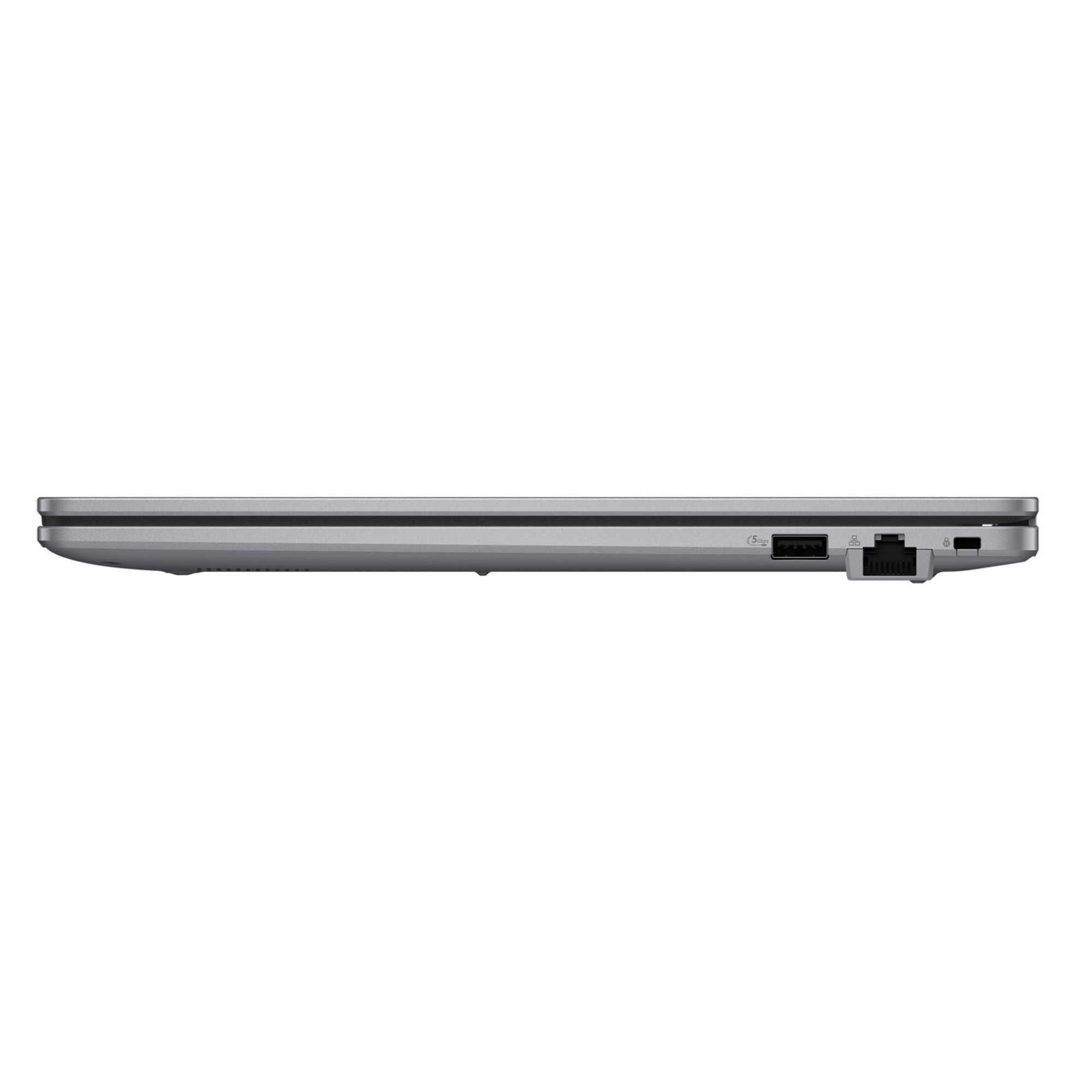 Gümüş laptop yan görünümü, portlar: USB, Ethernet, güç.