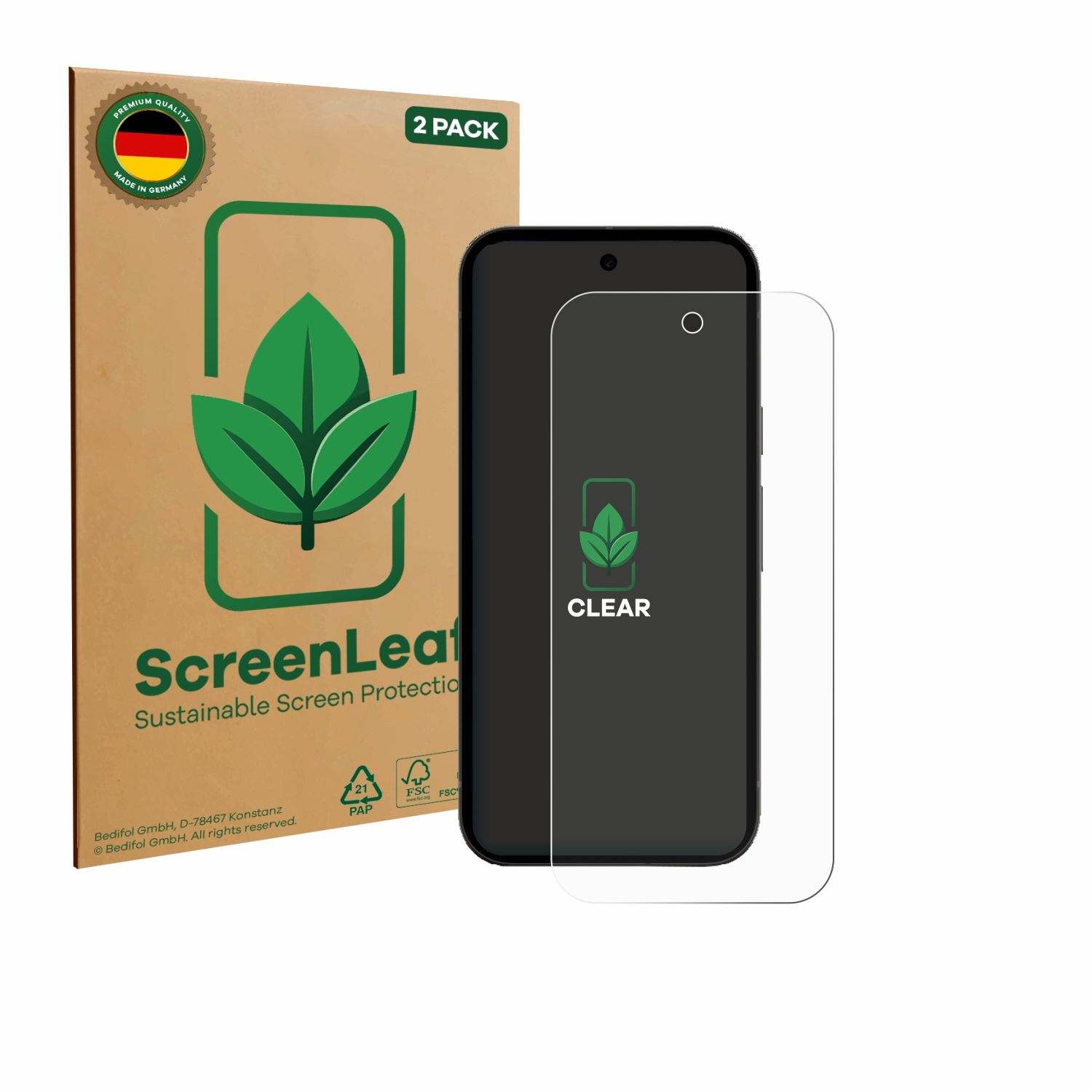 Eine Packung ScreenLeaf nachhaltige Displayschutzfolien neben einem Smartphone.
