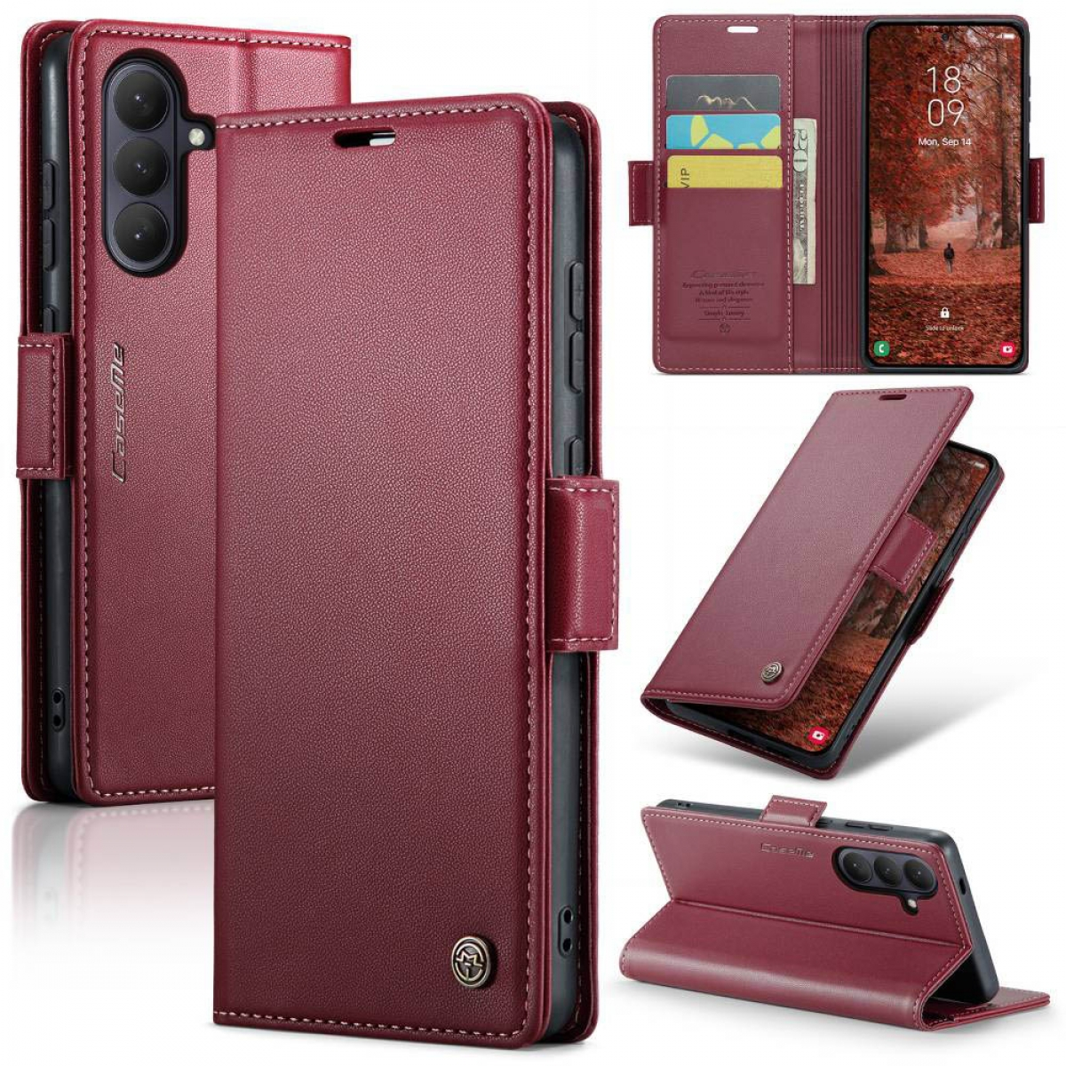 Rotbraunes Leder-Flip-Case für ein Smartphone mit Kartenfächern und Ständerfunktion.