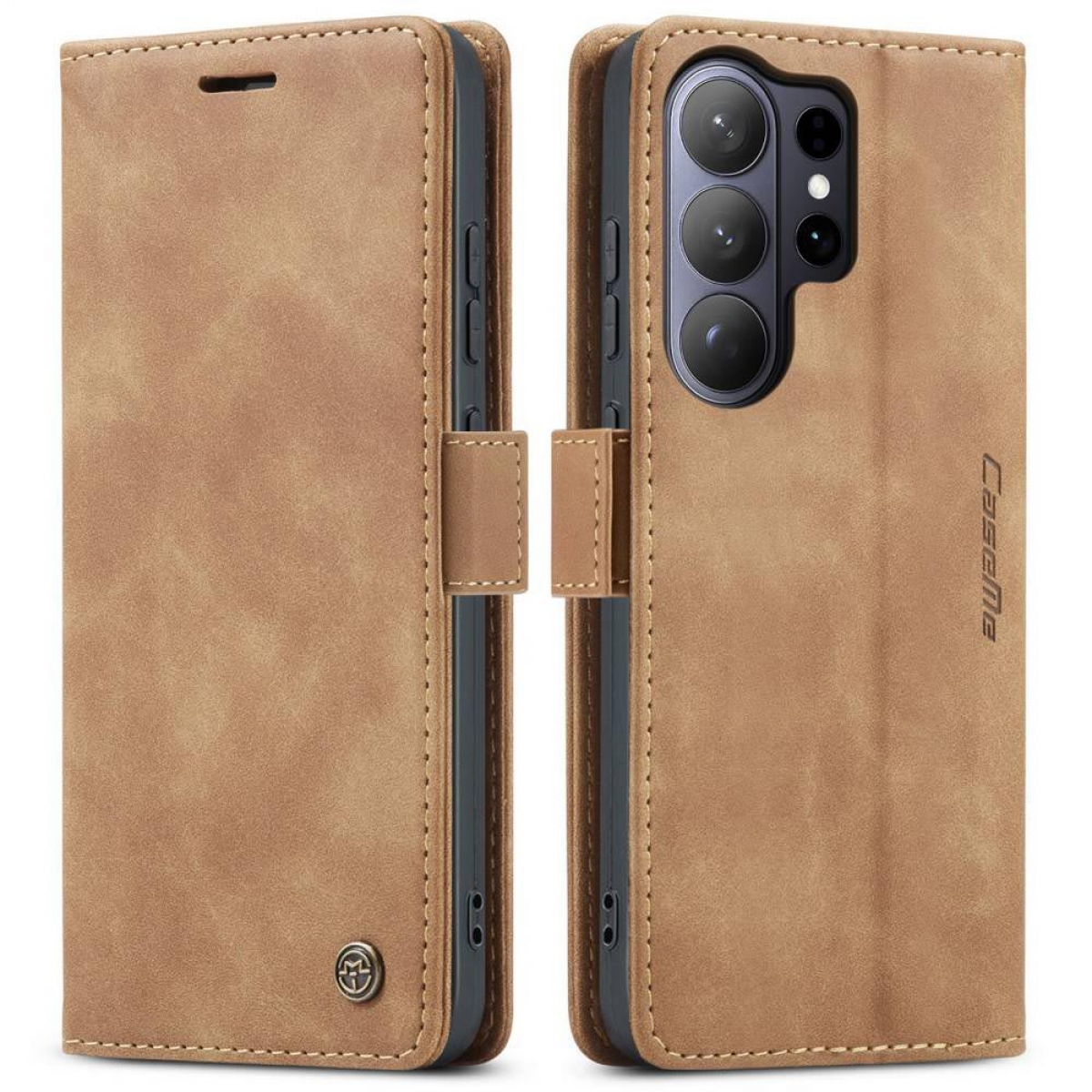 Braune Lederhülle für ein Smartphone mit Kameralinsen und Logo.