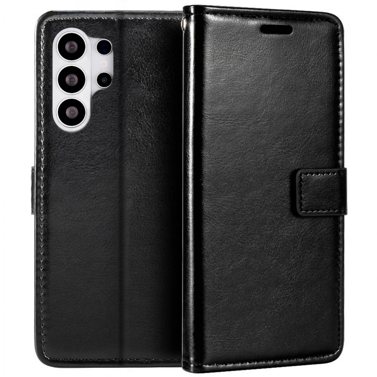 Schwarzes Leder-Flip-Case mit Kameraausschnitt und Magnetverschluss.