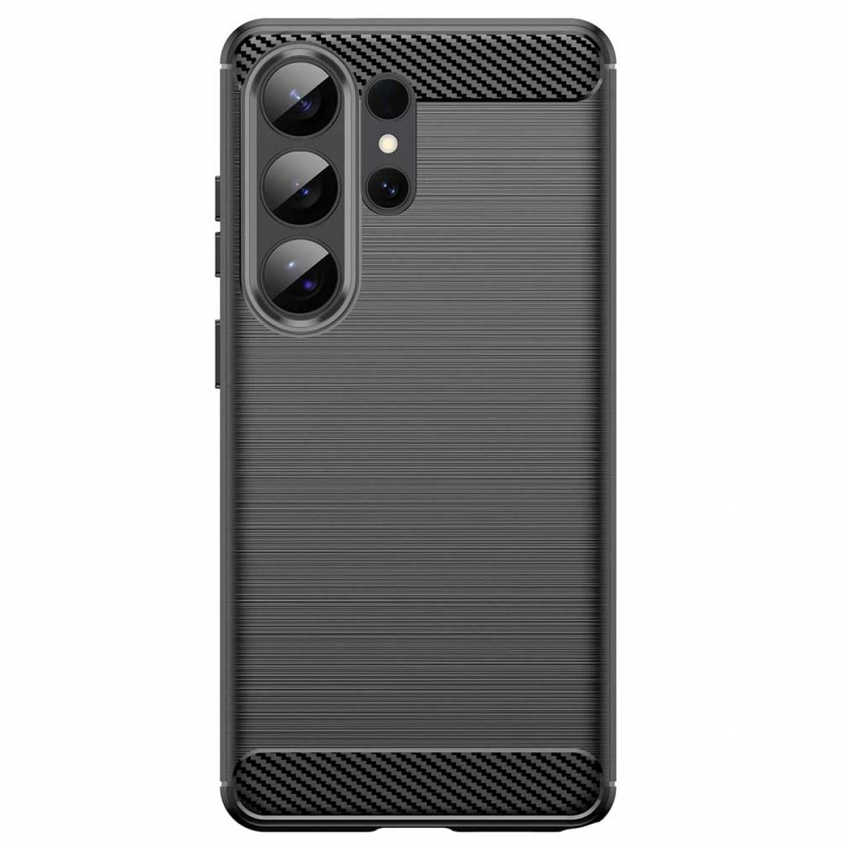 Schwarze Handyhülle mit gebürstetem Metall-Finish und Carbon-Akzenten.