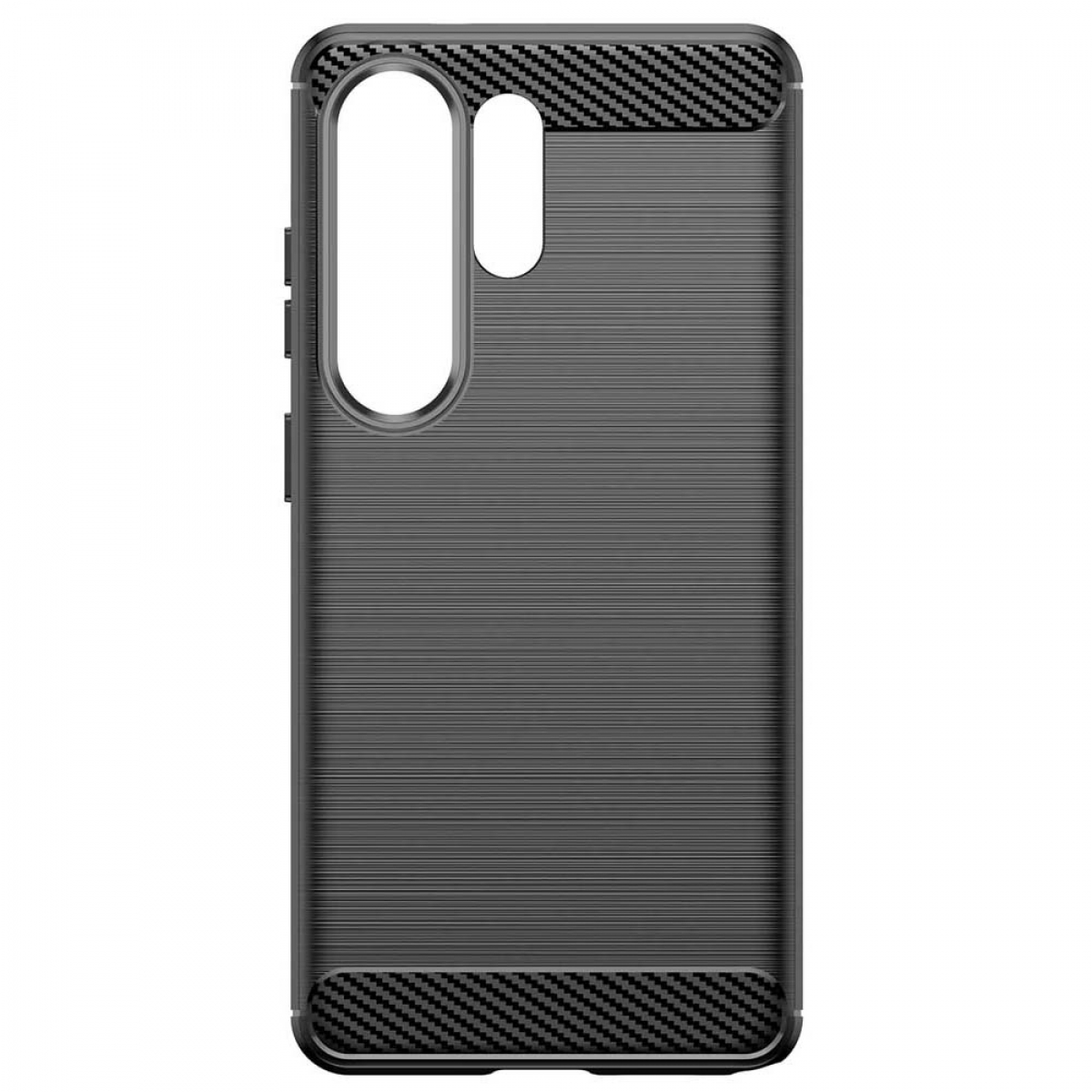 Schwarze Handyhülle mit Carbon-Muster und horizontalen Linien.